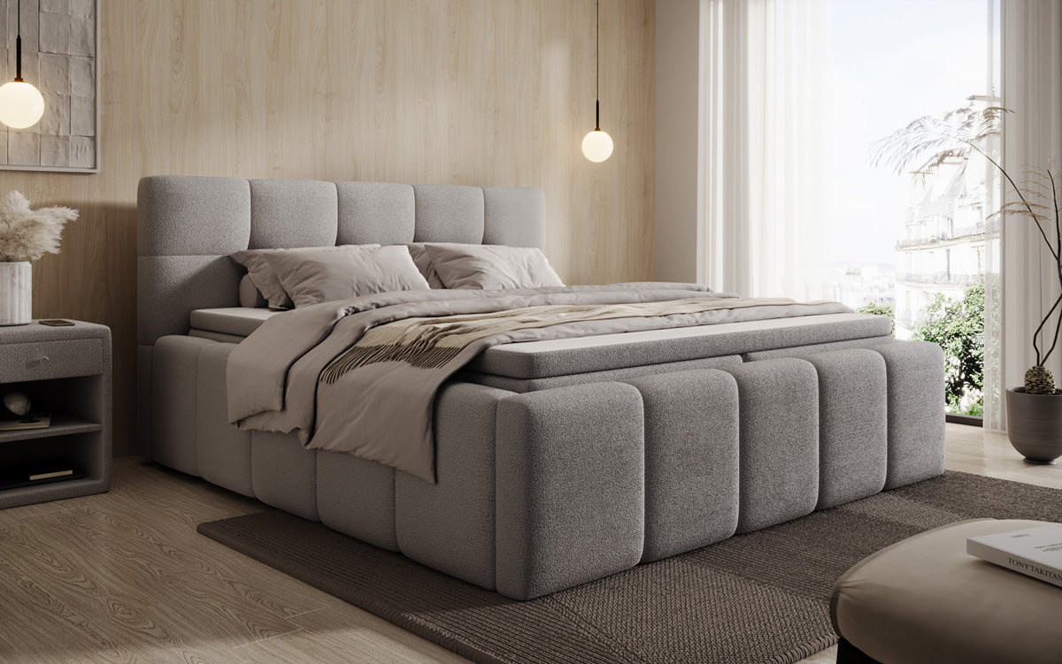 Lit rembourré design Romy en Peluche Bouclé avec espace de rangement, matelas inclus