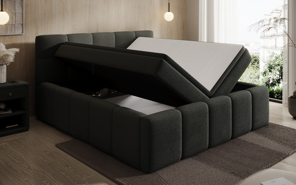 Lit rembourré design Romy en Peluche Bouclé avec espace de rangement, matelas inclus
