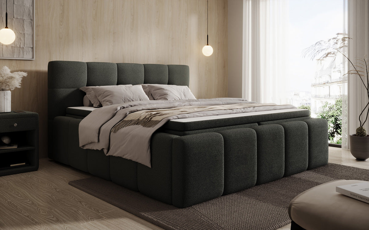Lit rembourré design Romy en Peluche Bouclé avec espace de rangement, matelas inclus