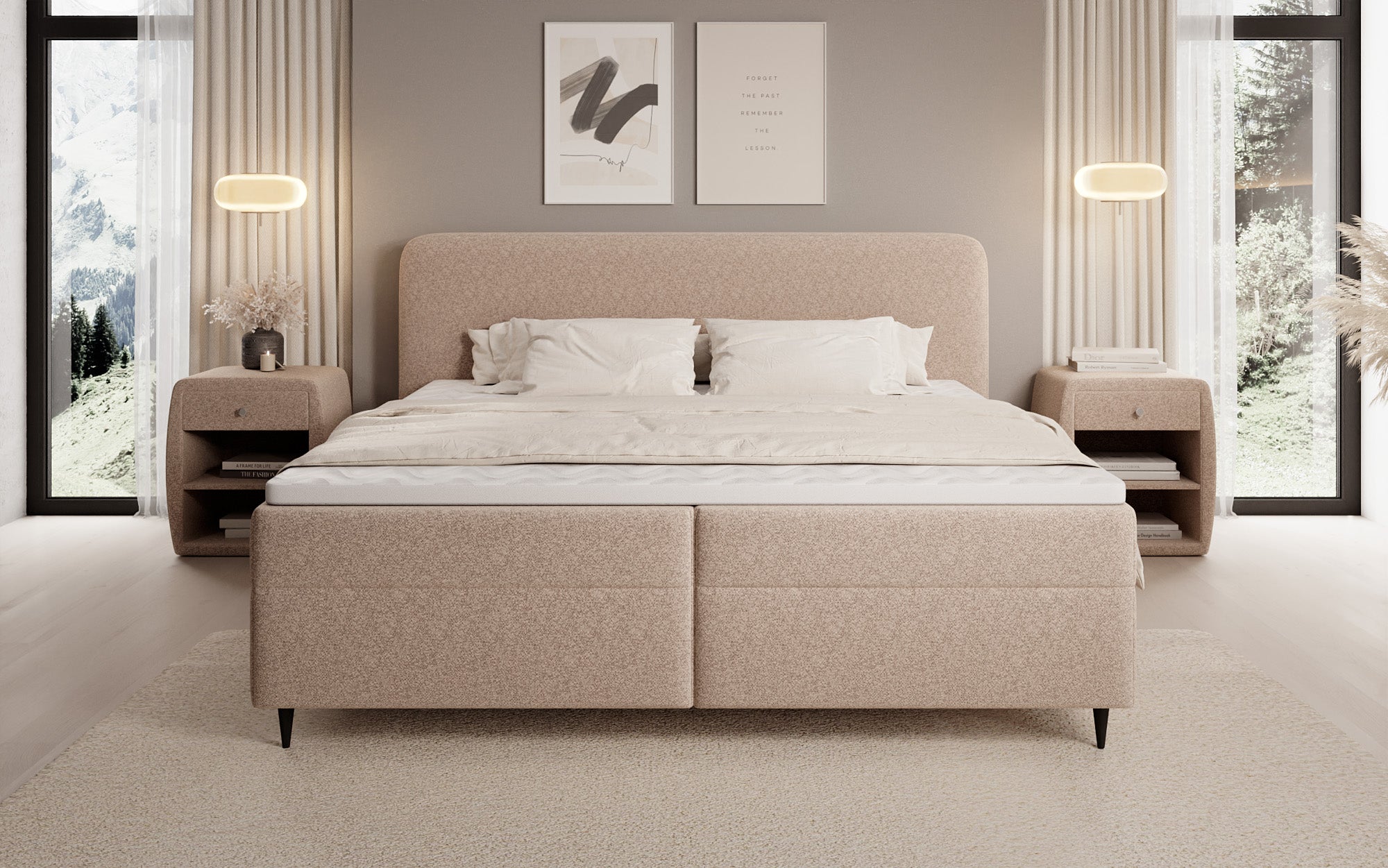 Lit boxspring Nea en tissu structuré avec espace de rangement
