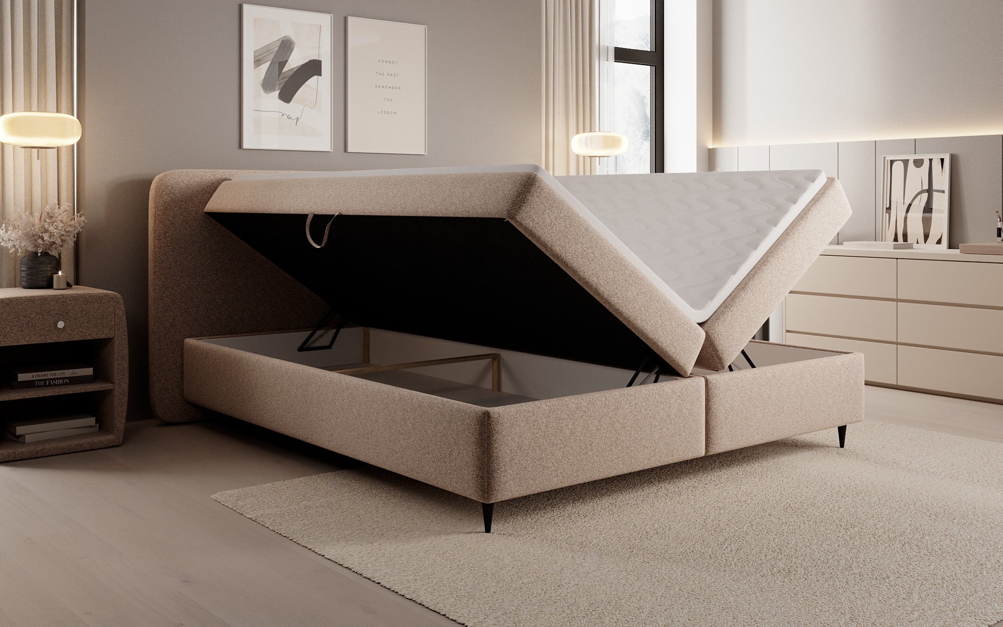 Lit boxspring Nea en tissu structuré avec espace de rangement
