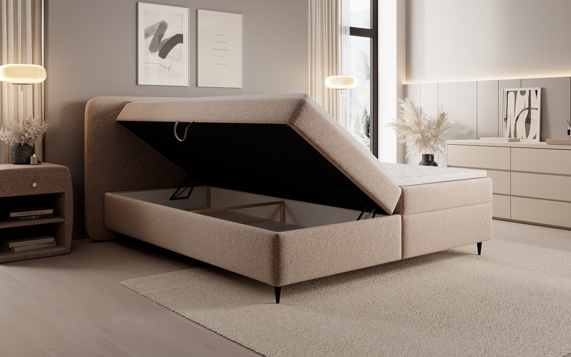 Lit boxspring Nea en tissu structuré avec espace de rangement