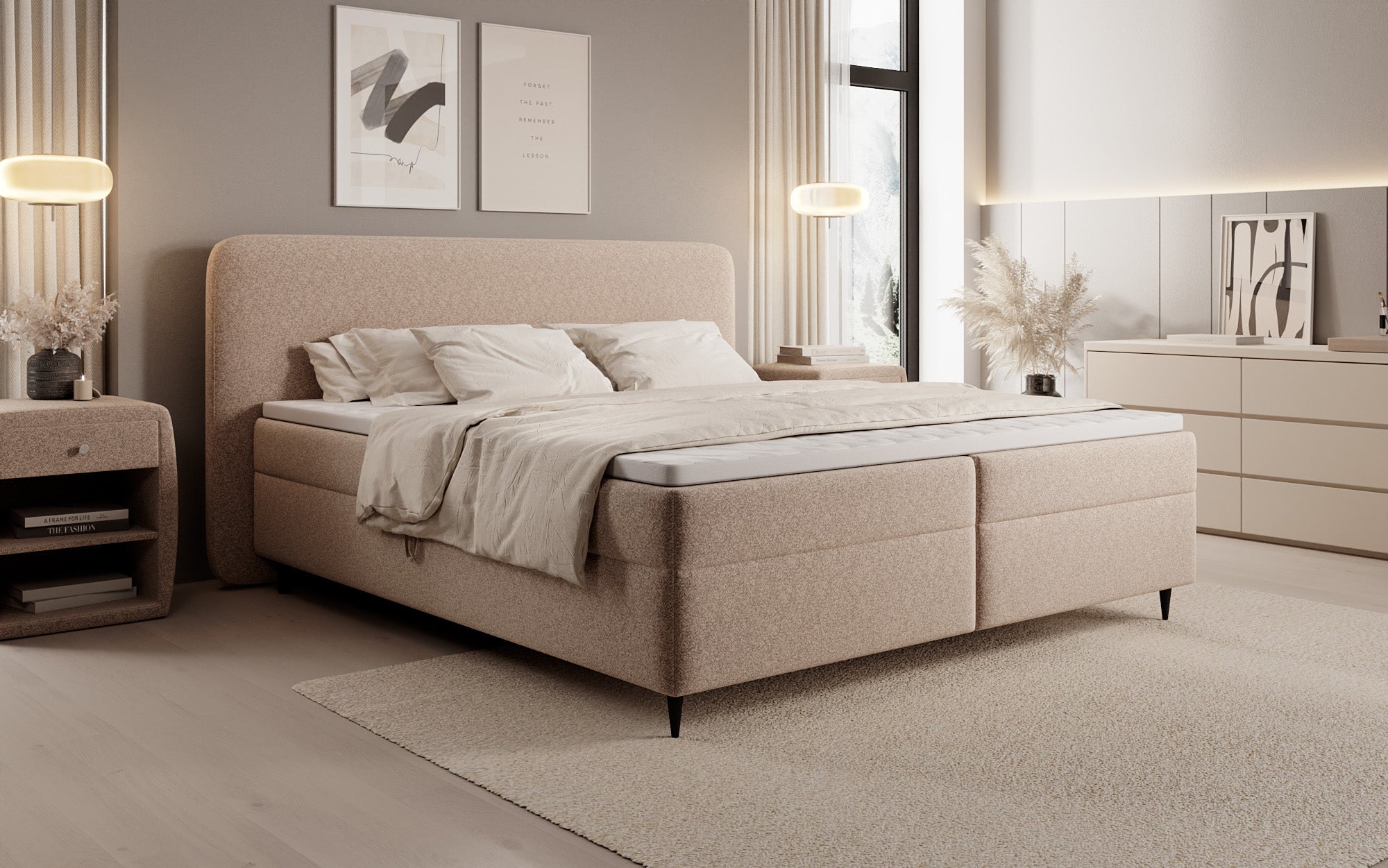 Lit boxspring Nea en tissu structuré avec espace de rangement