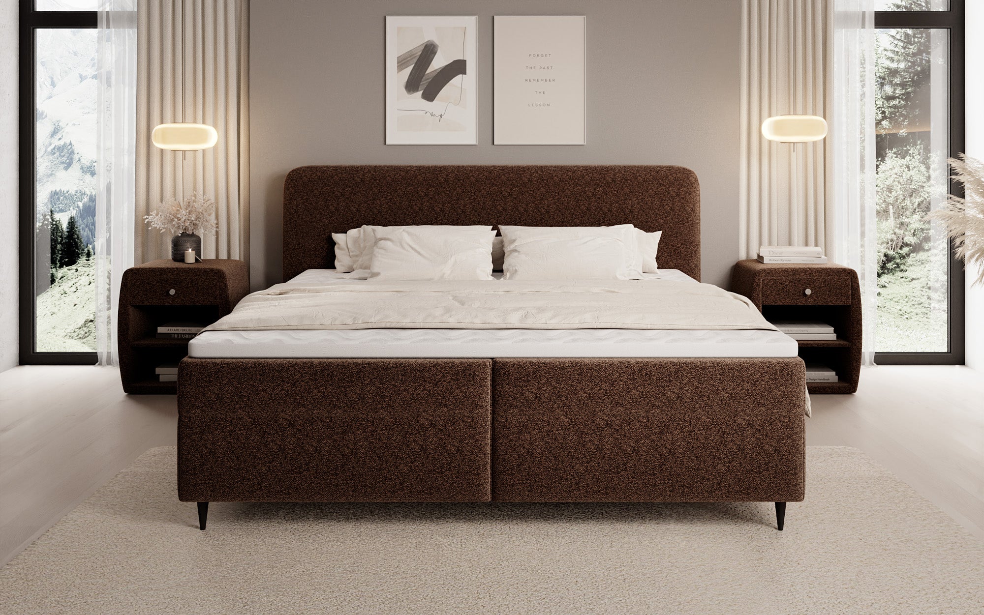 Lit boxspring Nea en tissu structuré avec espace de rangement