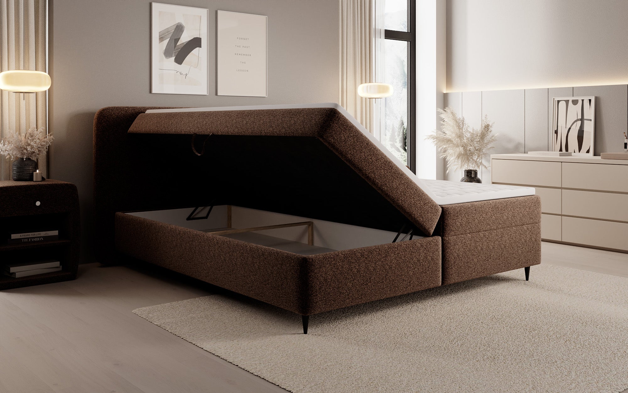 Lit boxspring Nea en tissu structuré avec espace de rangement