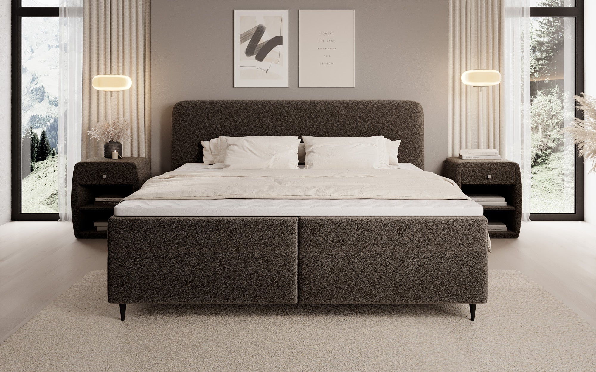 Lit boxspring Nea en tissu structuré avec espace de rangement