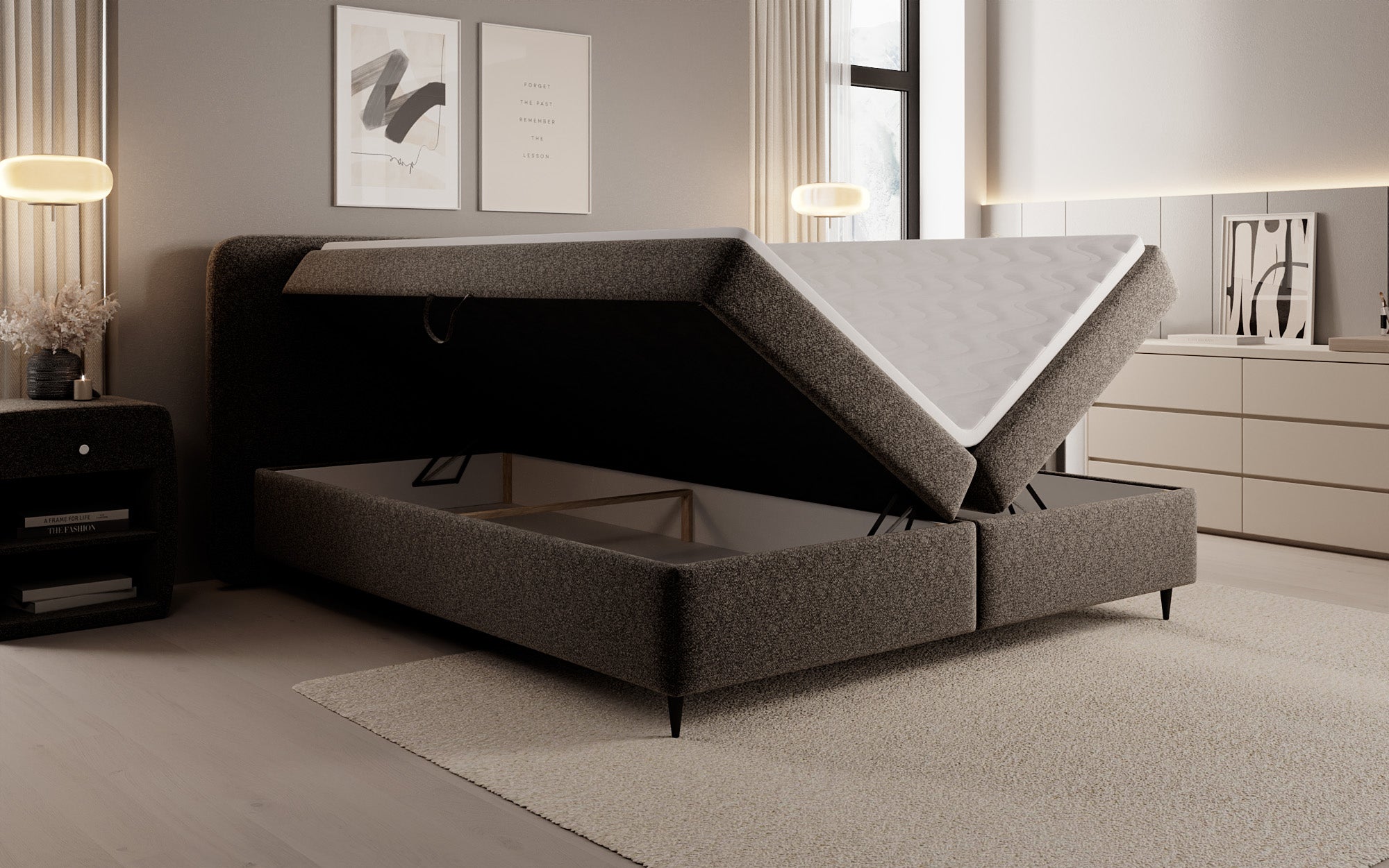 Lit boxspring Nea en tissu structuré avec espace de rangement