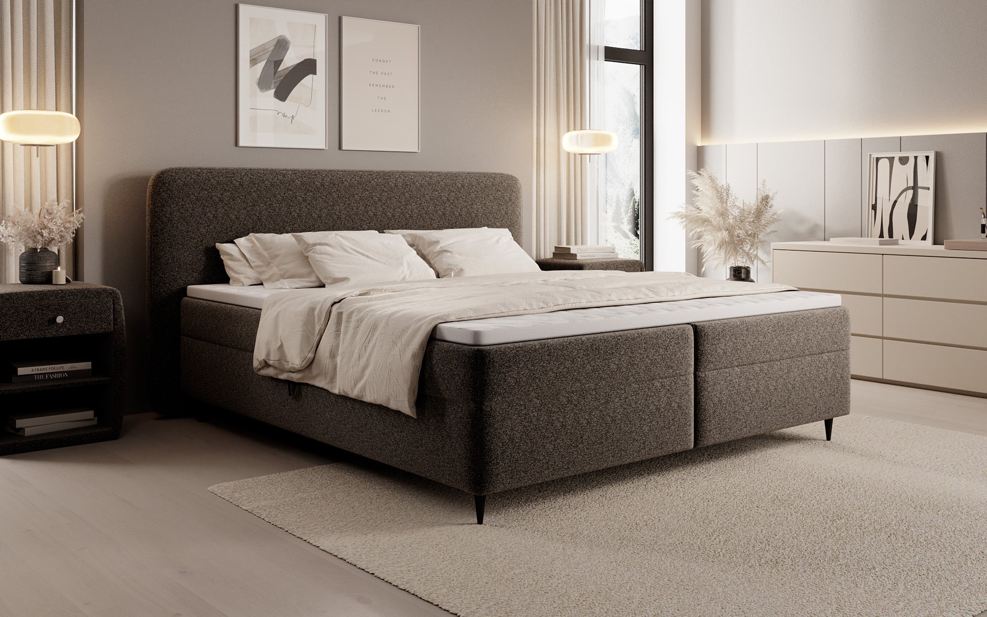 Lit boxspring Nea en tissu structuré avec espace de rangement