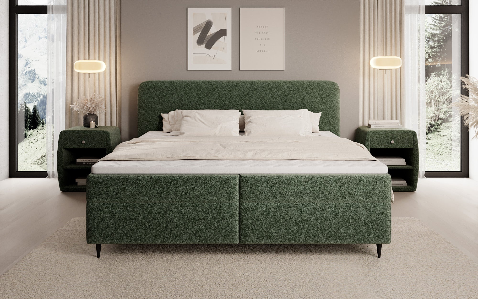 Lit boxspring Nea en tissu structuré avec espace de rangement