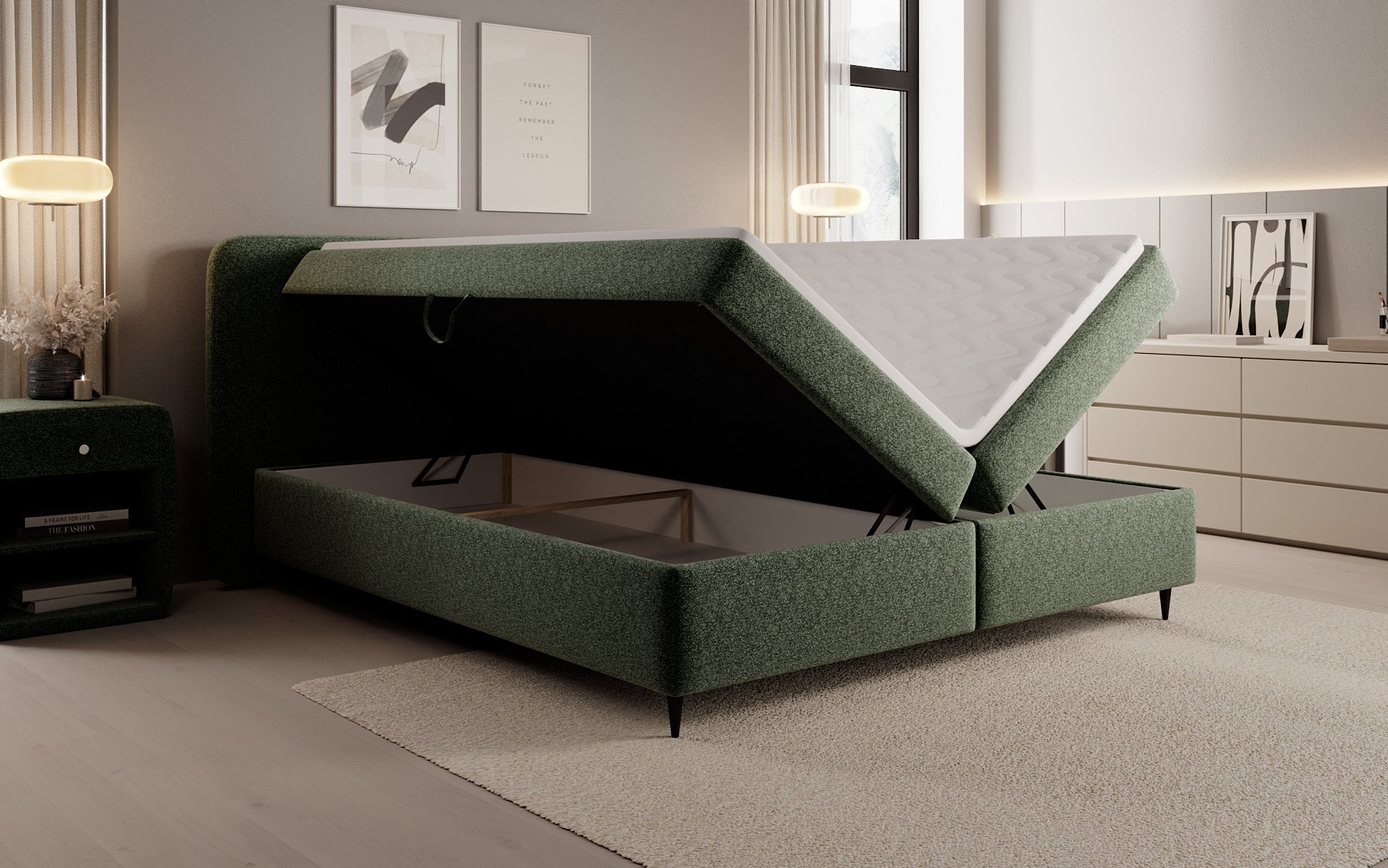 Lit boxspring Nea en tissu structuré avec espace de rangement