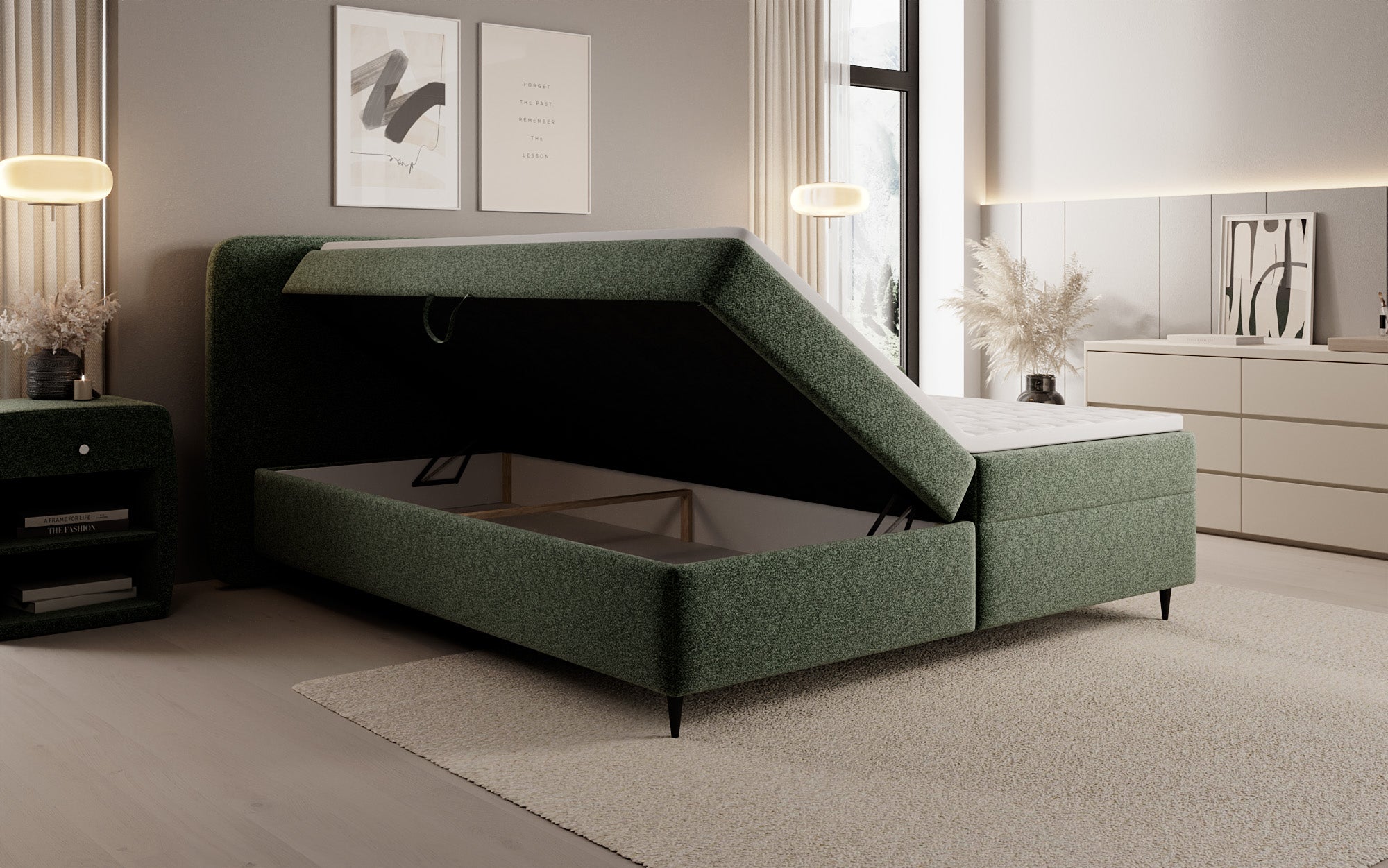 Lit boxspring Nea en tissu structuré avec espace de rangement