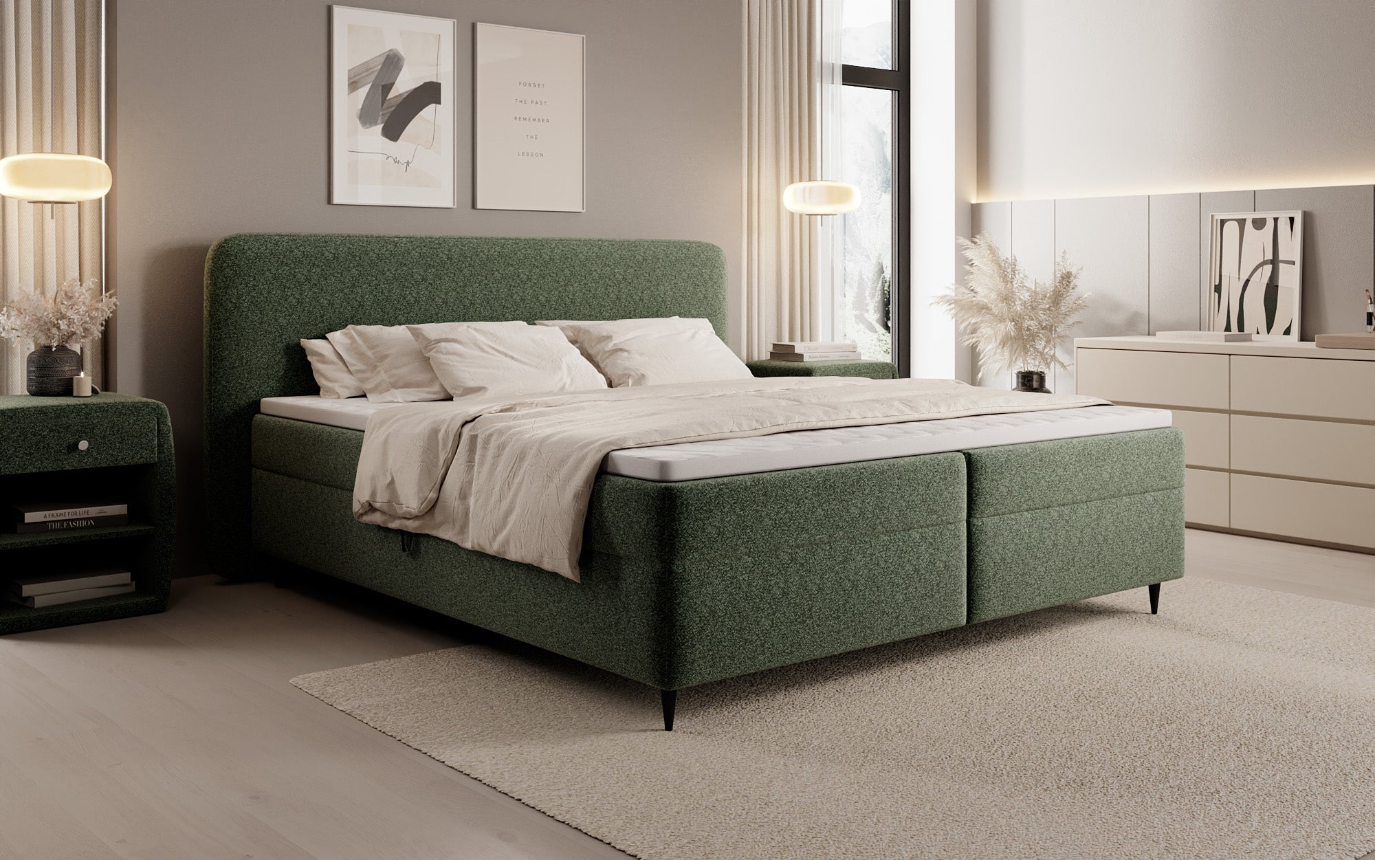 Lit boxspring Nea en tissu structuré avec espace de rangement