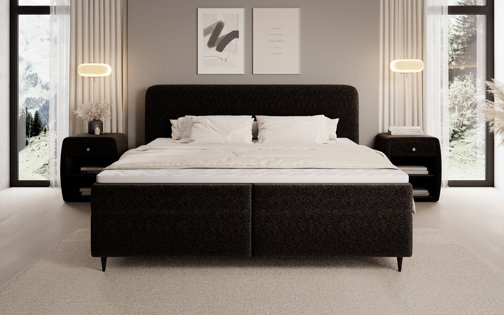 Lit boxspring Nea en tissu structuré avec espace de rangement