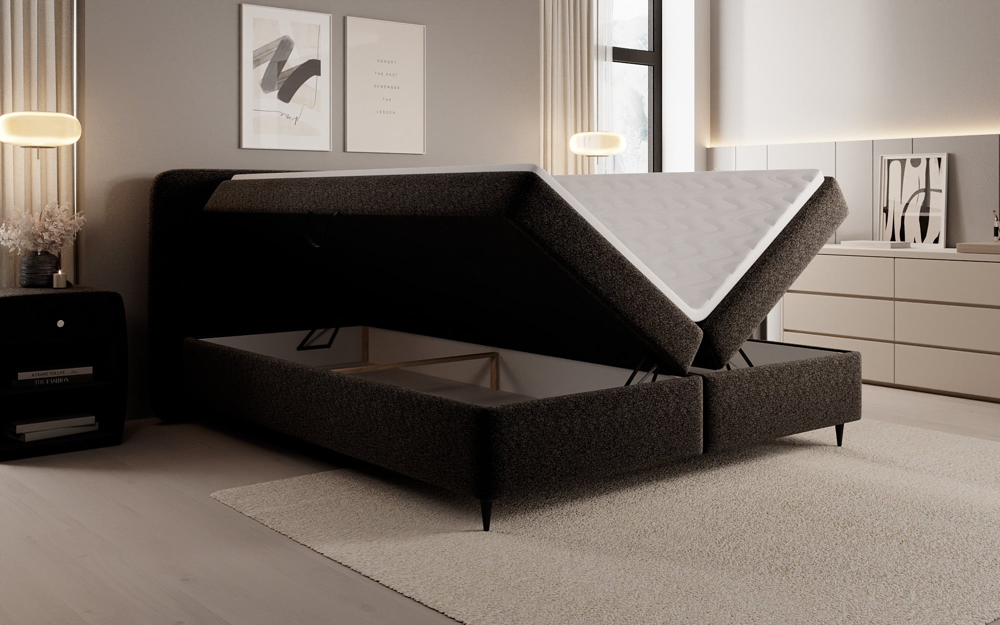 Lit boxspring Nea en tissu structuré avec espace de rangement