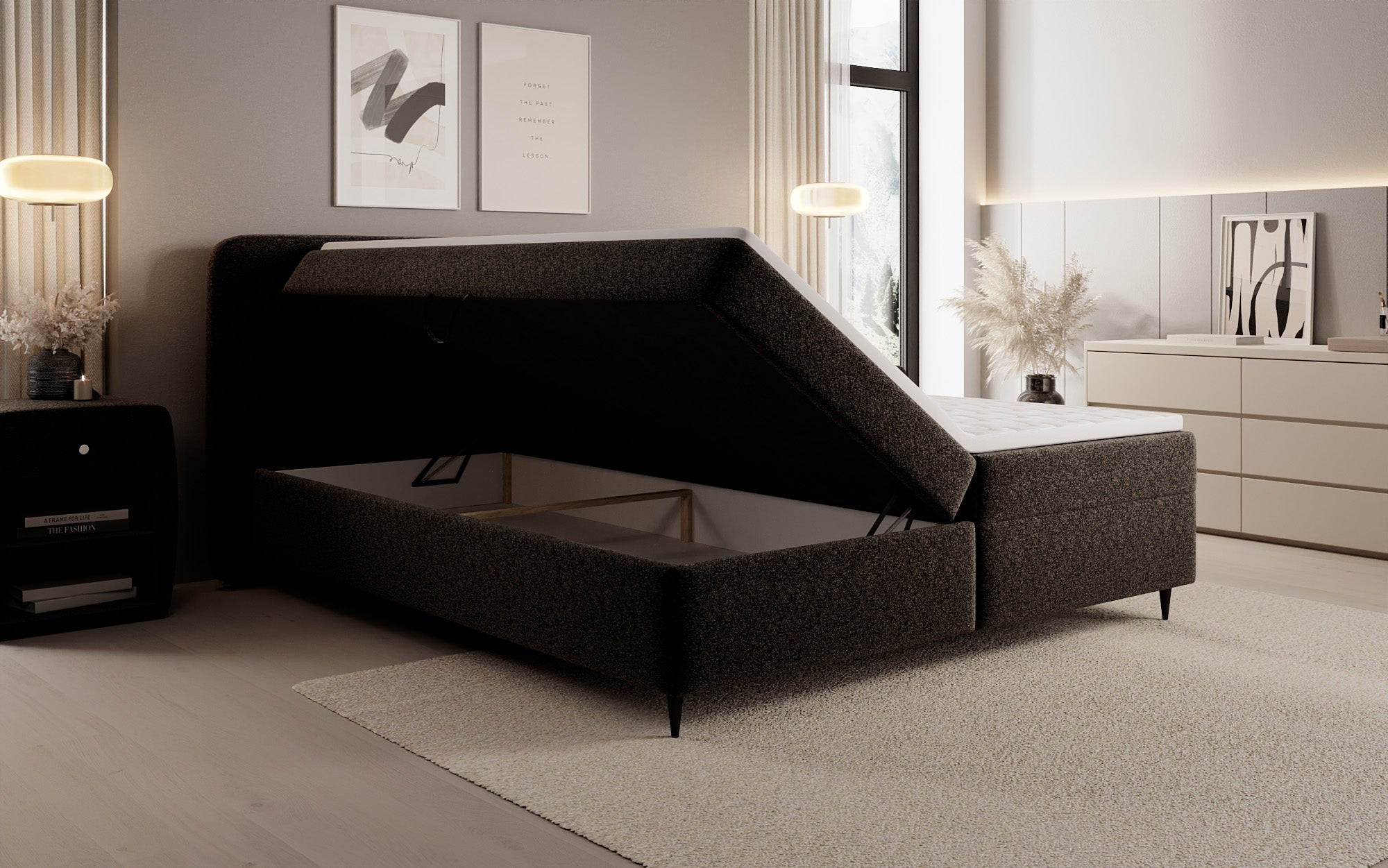 Lit boxspring Nea en tissu structuré avec espace de rangement