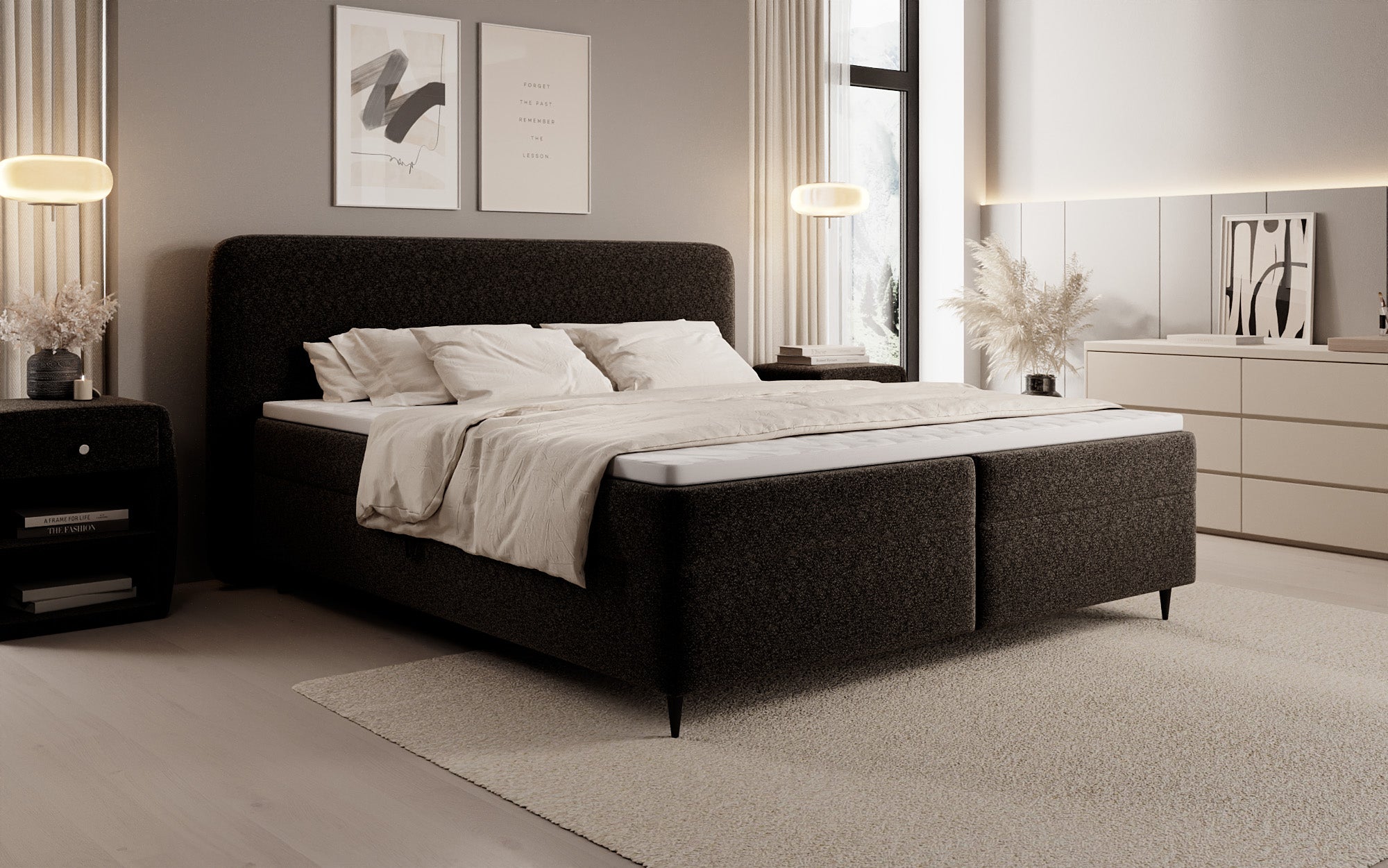 Lit boxspring Nea en tissu structuré avec espace de rangement