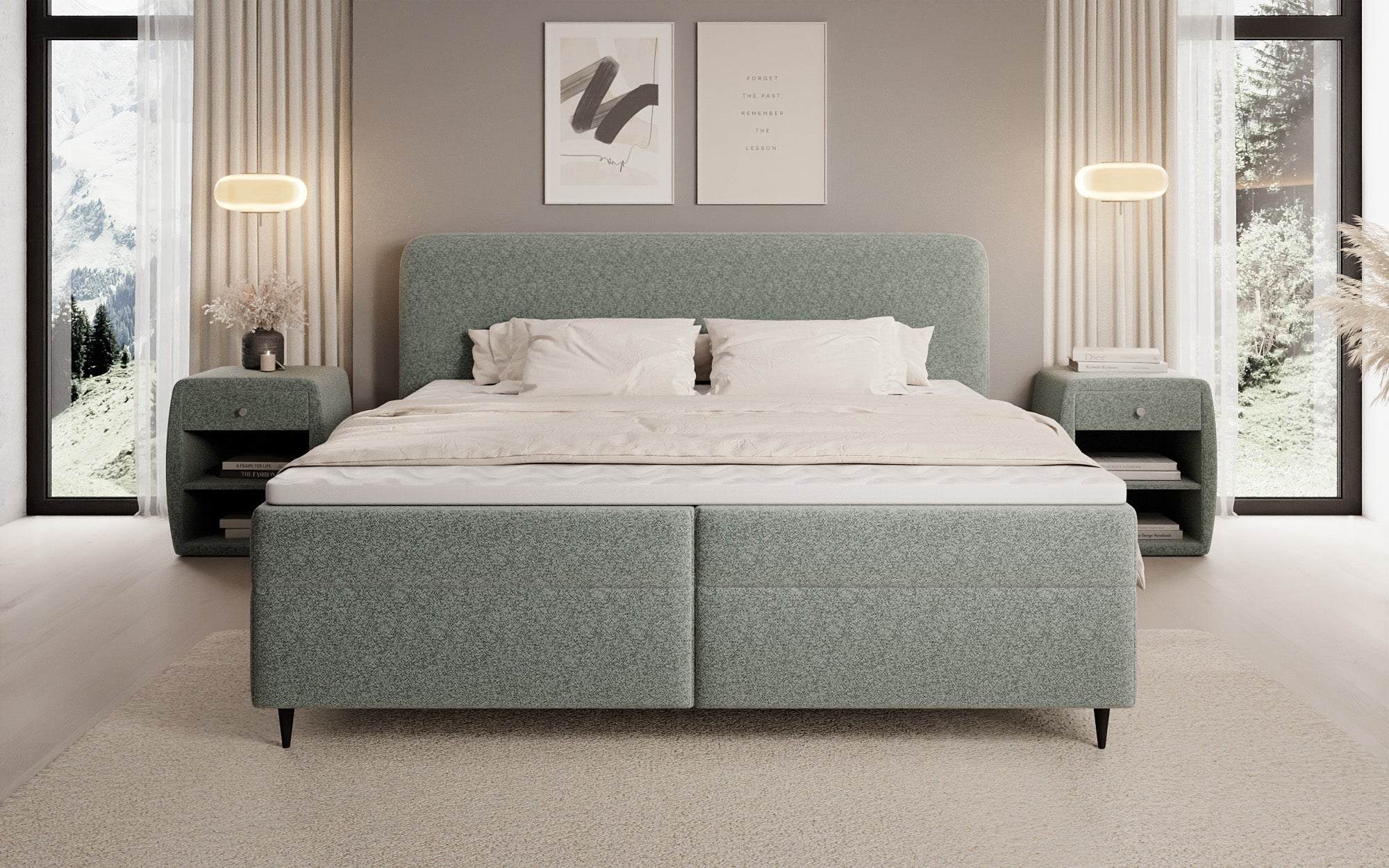 Lit boxspring Nea en tissu structuré avec espace de rangement