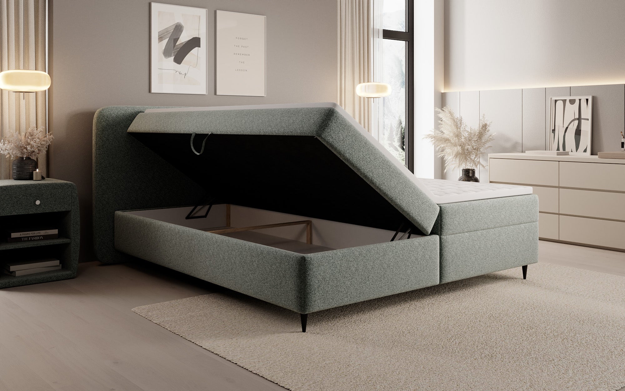 Lit boxspring Nea en tissu structuré avec espace de rangement