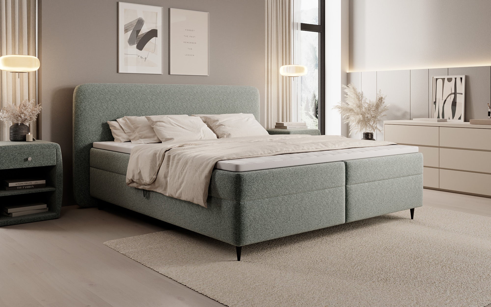 Lit boxspring Nea en tissu structuré avec espace de rangement