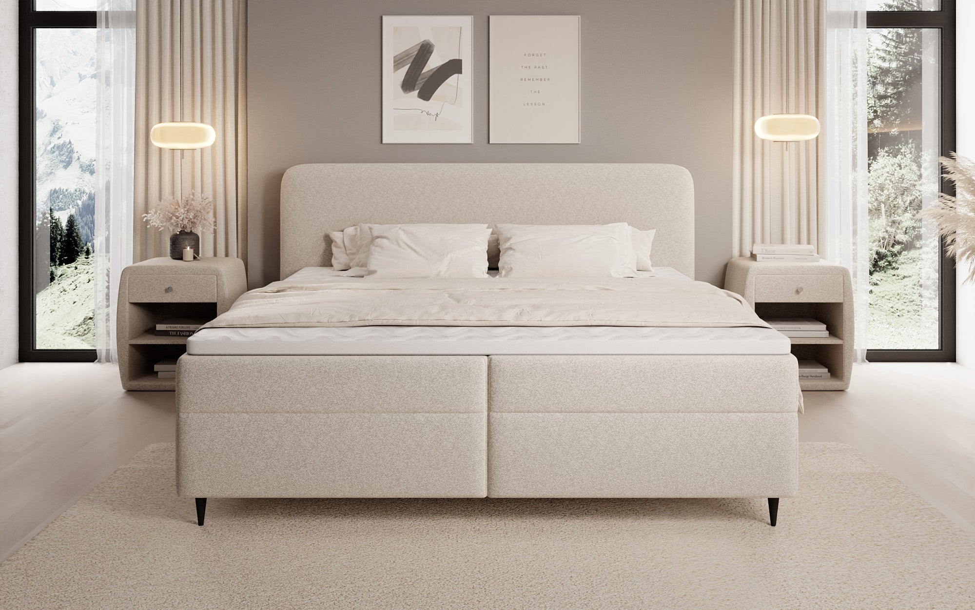 Lit boxspring Nea en tissu structuré avec espace de rangement