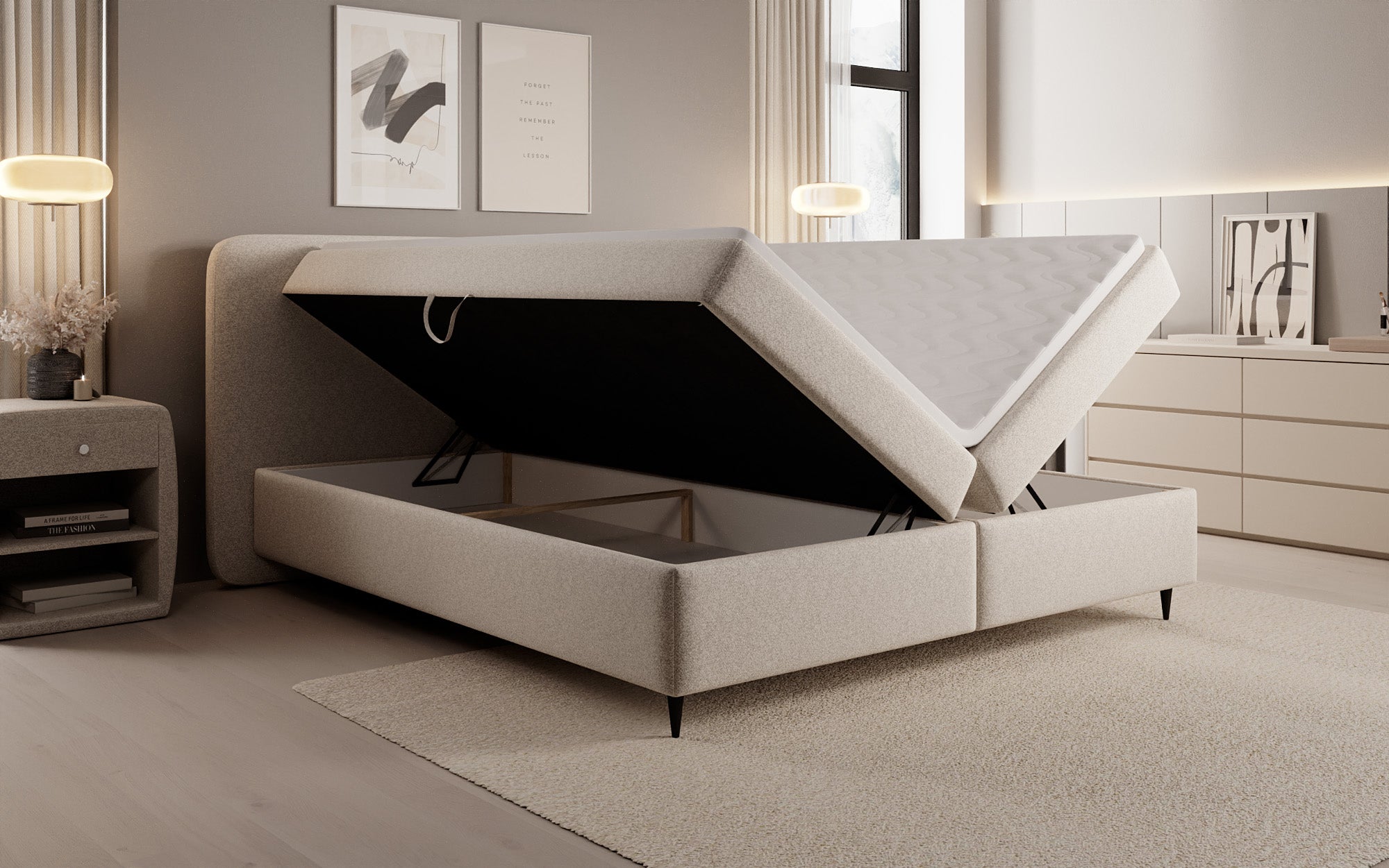 Lit boxspring Nea en tissu structuré avec espace de rangement