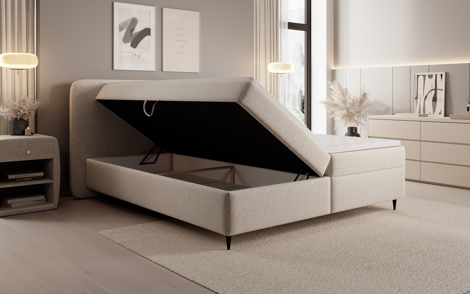 Lit boxspring Nea en tissu structuré avec espace de rangement
