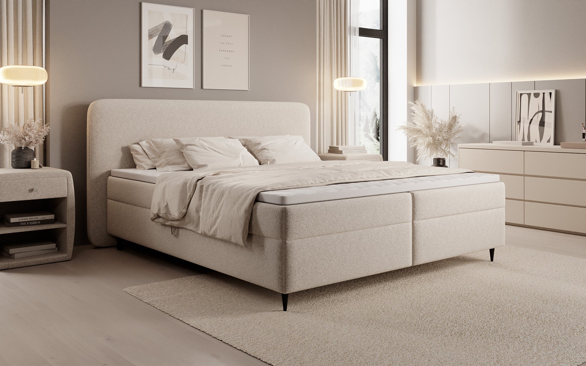 Lit boxspring Nea en tissu structuré avec espace de rangement