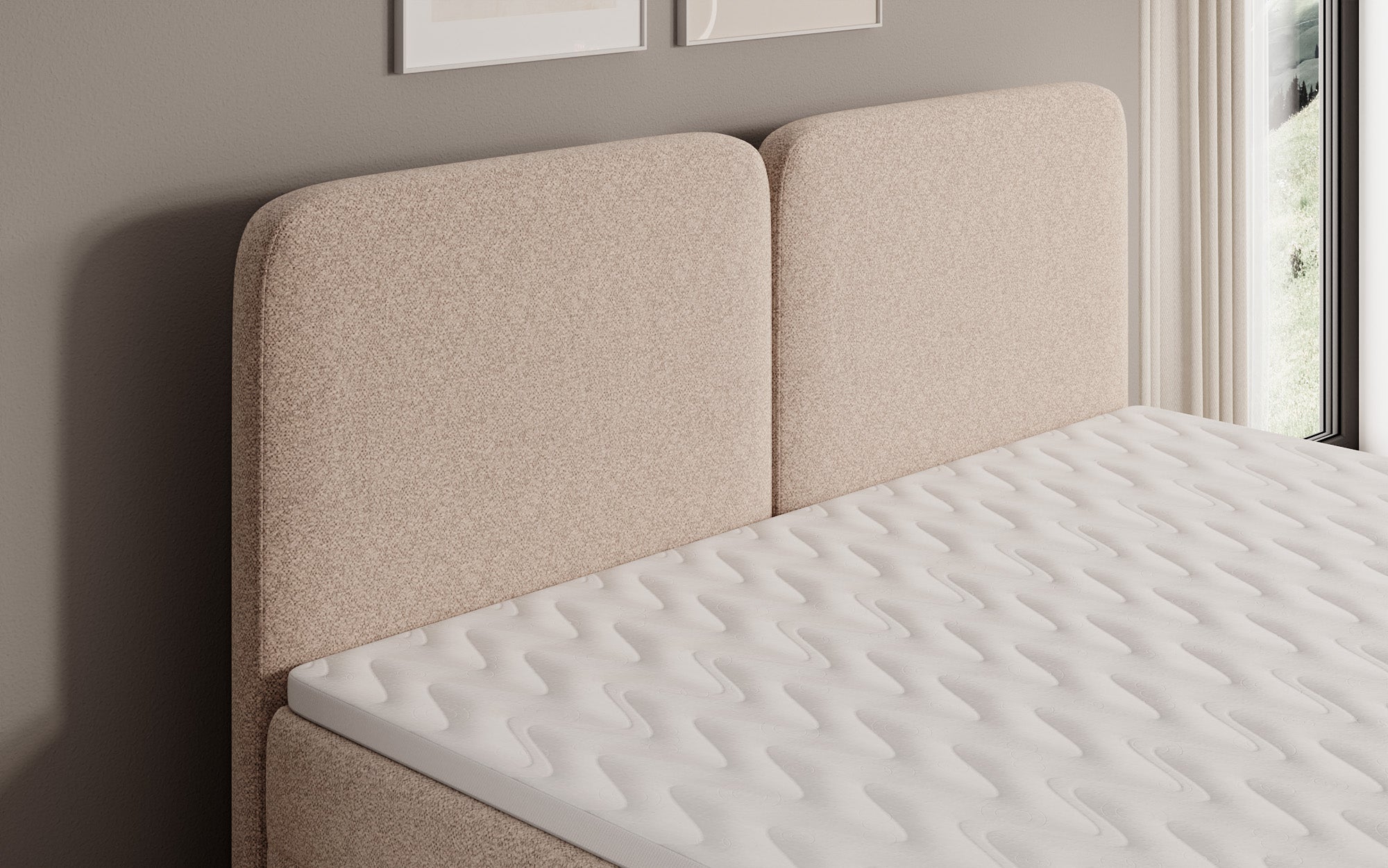 Lit boxspring Mira en tissu structuré avec espace de rangement