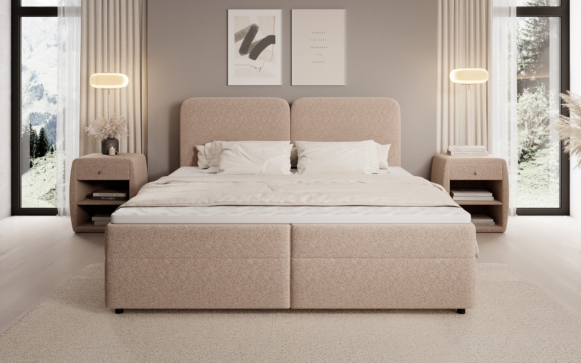 Lit boxspring Mira en tissu structuré avec espace de rangement