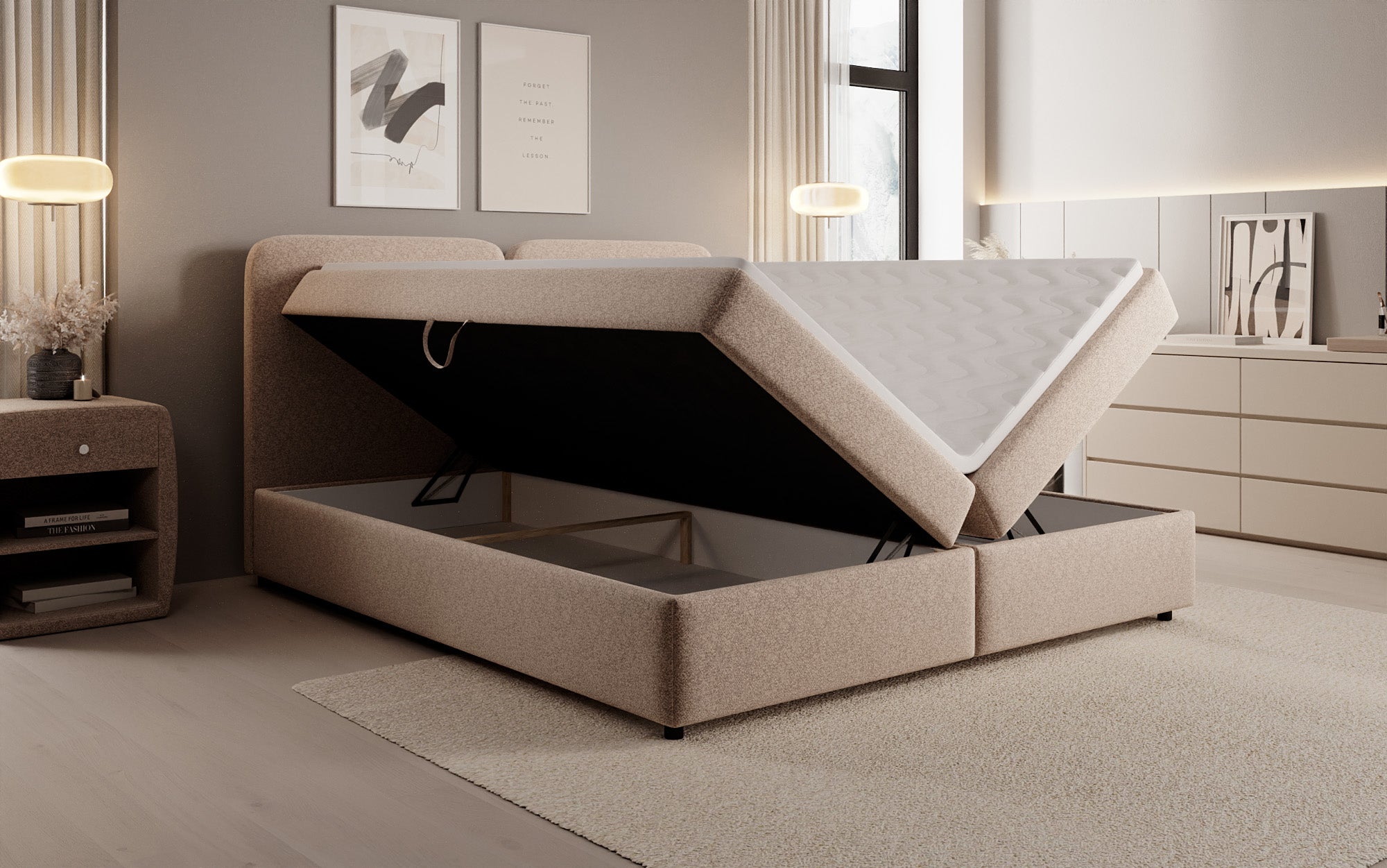 Lit boxspring Mira en tissu structuré avec espace de rangement