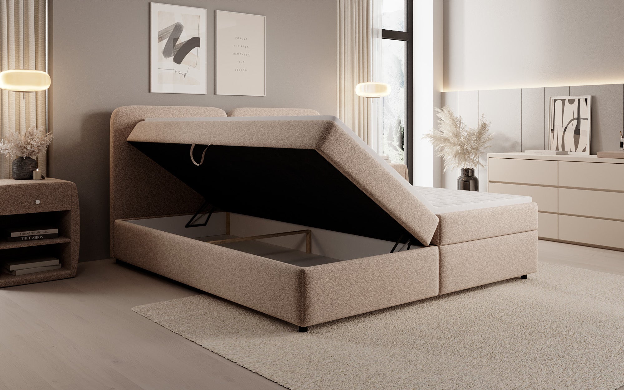 Lit boxspring Mira en tissu structuré avec espace de rangement