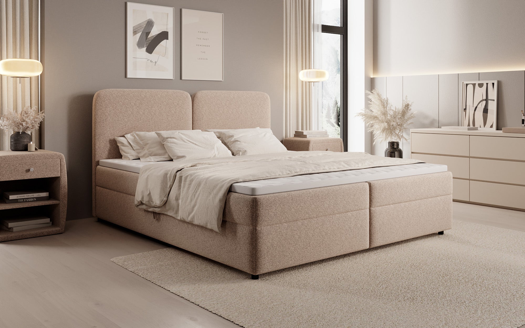 Lit boxspring Mira en tissu structuré avec espace de rangement