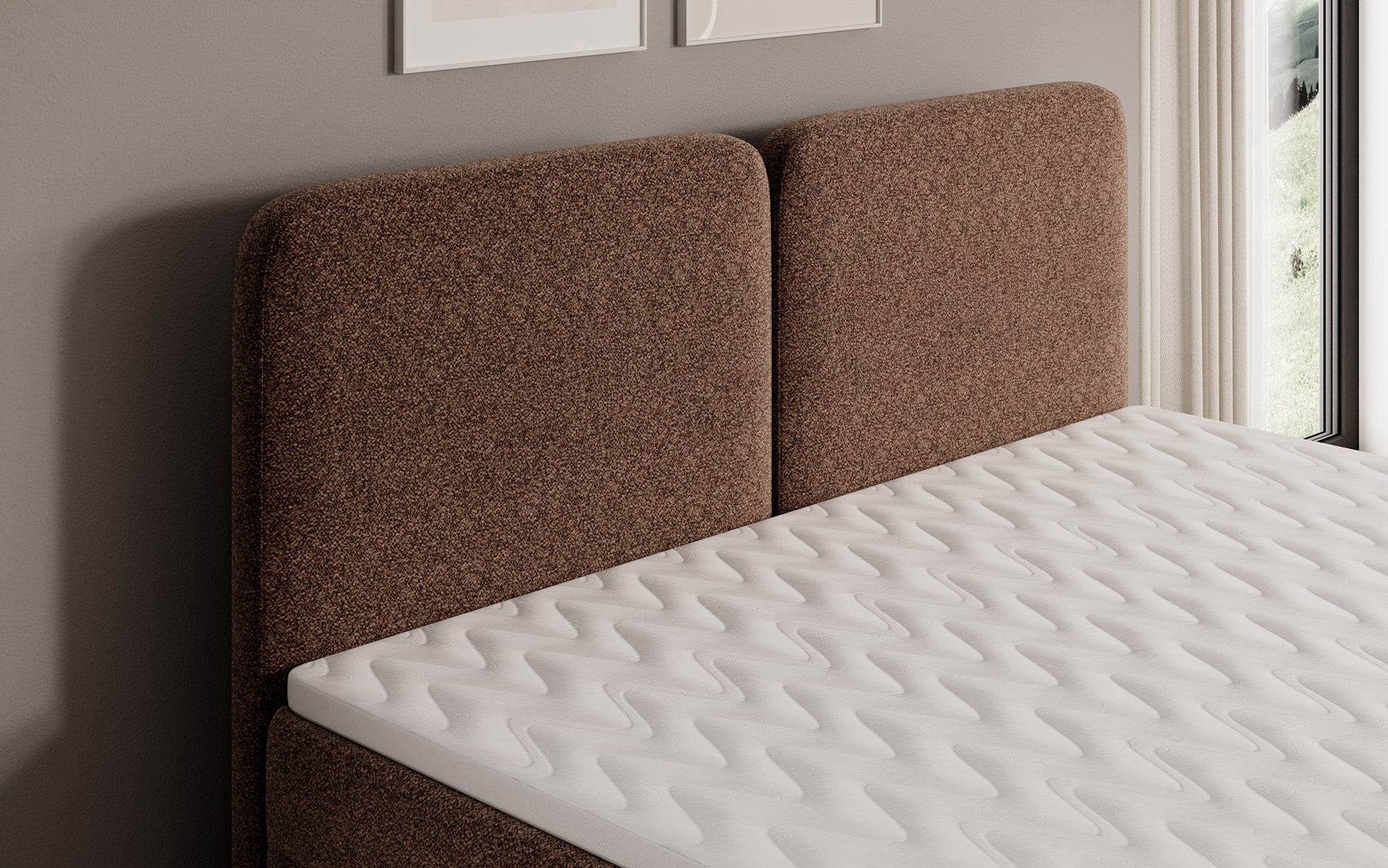 Lit boxspring Mira en tissu structuré avec espace de rangement