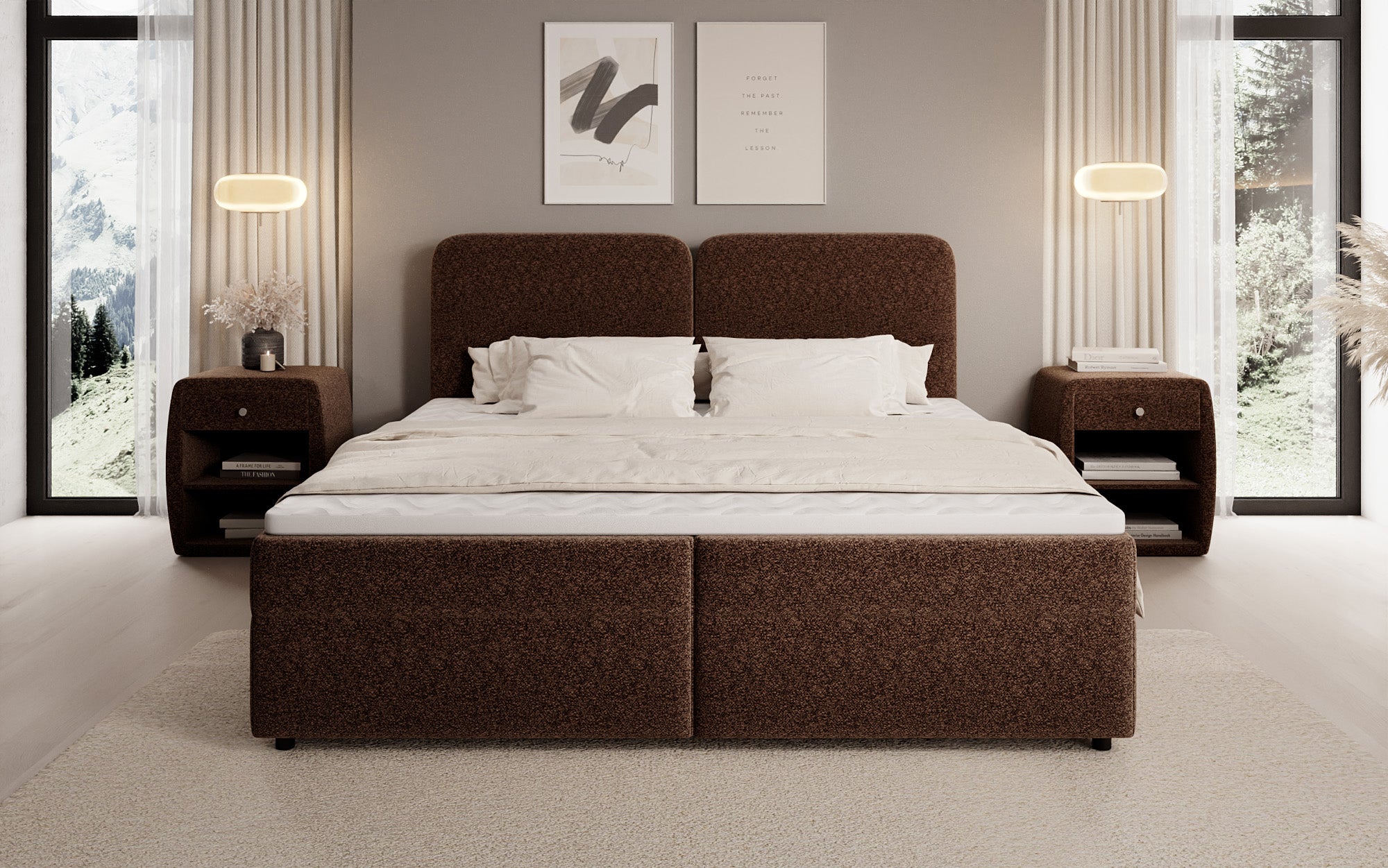 Lit boxspring Mira en tissu structuré avec espace de rangement