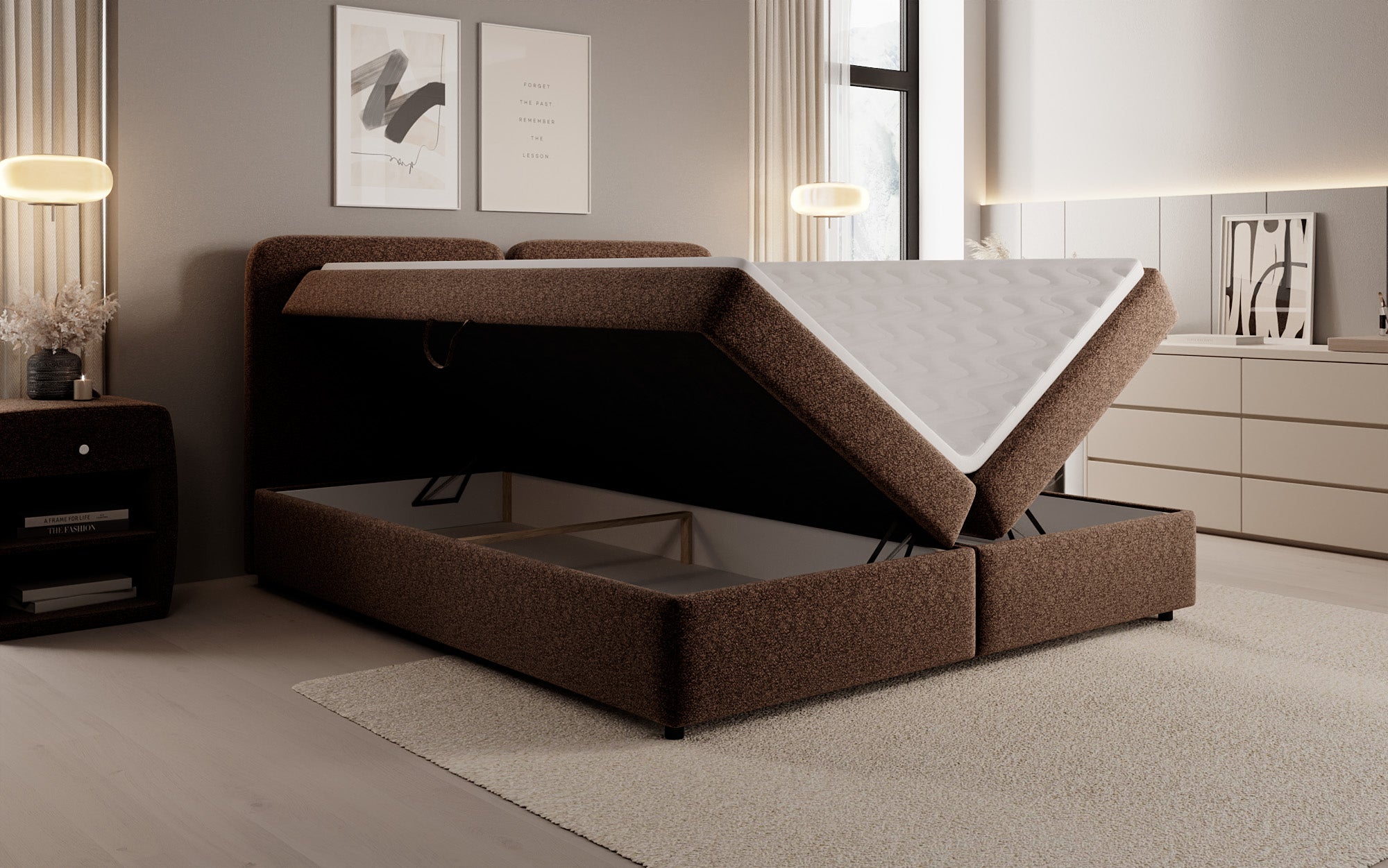 Lit boxspring Mira en tissu structuré avec espace de rangement