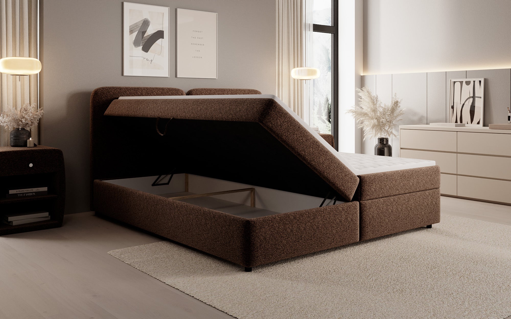 Lit boxspring Mira en tissu structuré avec espace de rangement