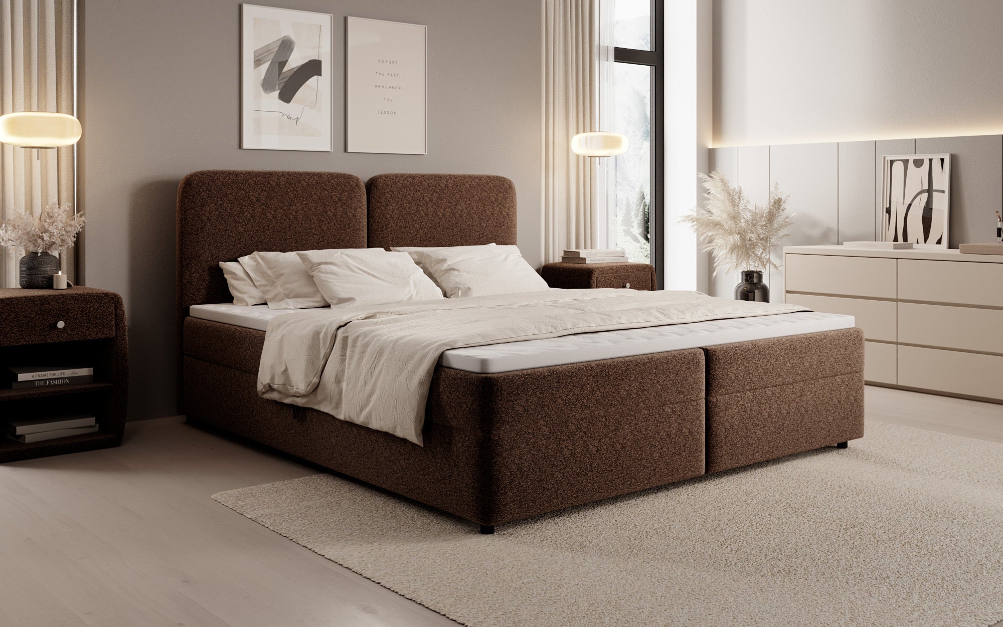 Lit boxspring Mira en tissu structuré avec espace de rangement