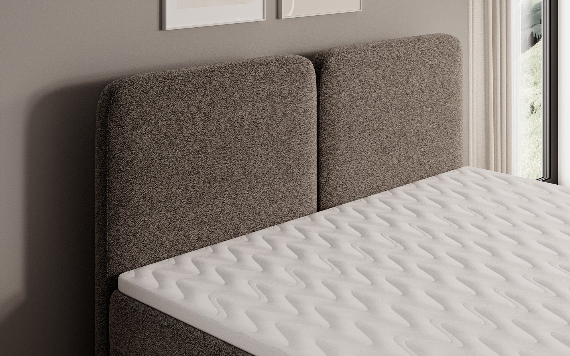 Lit boxspring Mira en tissu structuré avec espace de rangement