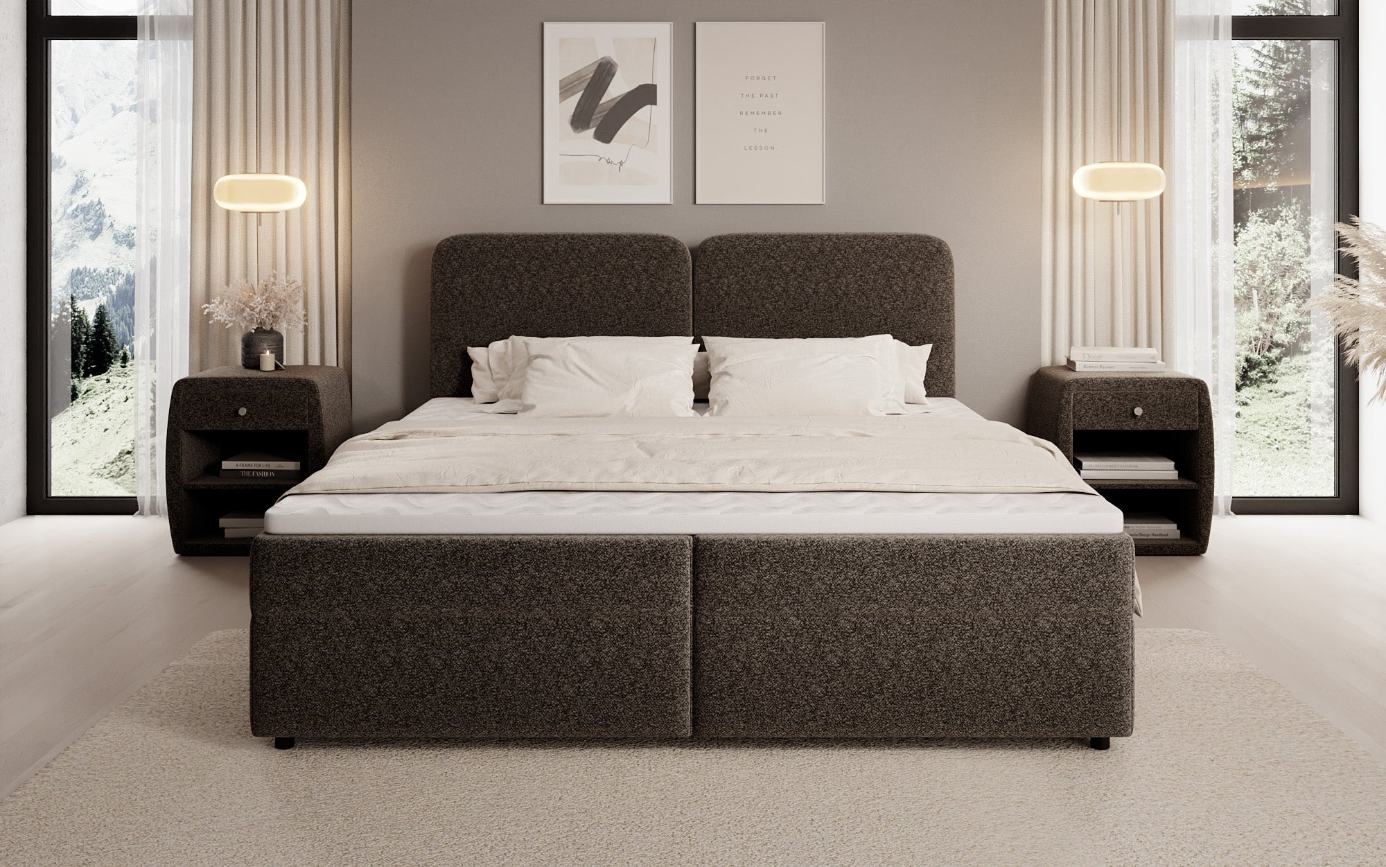 Lit boxspring Mira en tissu structuré avec espace de rangement