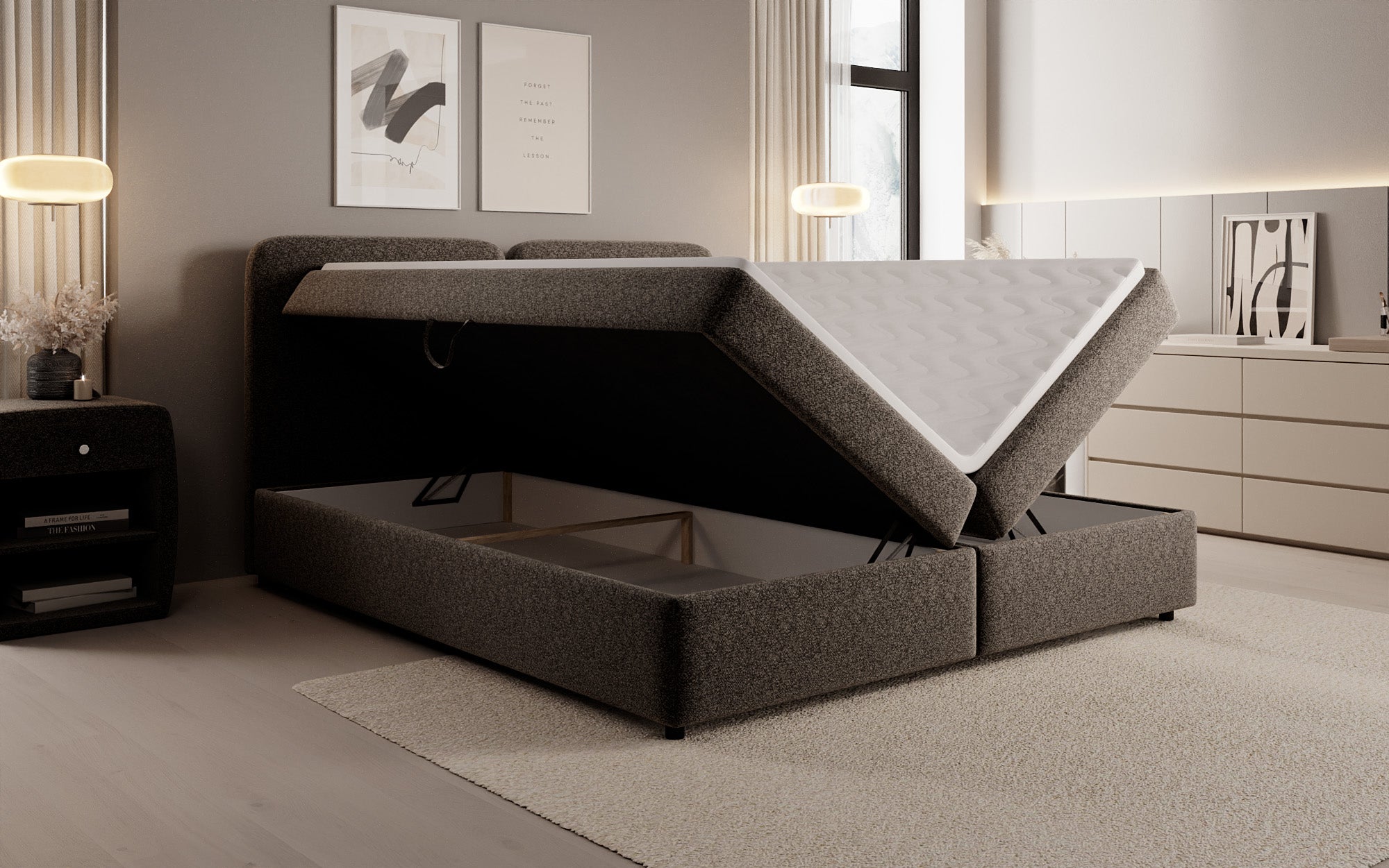 Lit boxspring Mira en tissu structuré avec espace de rangement