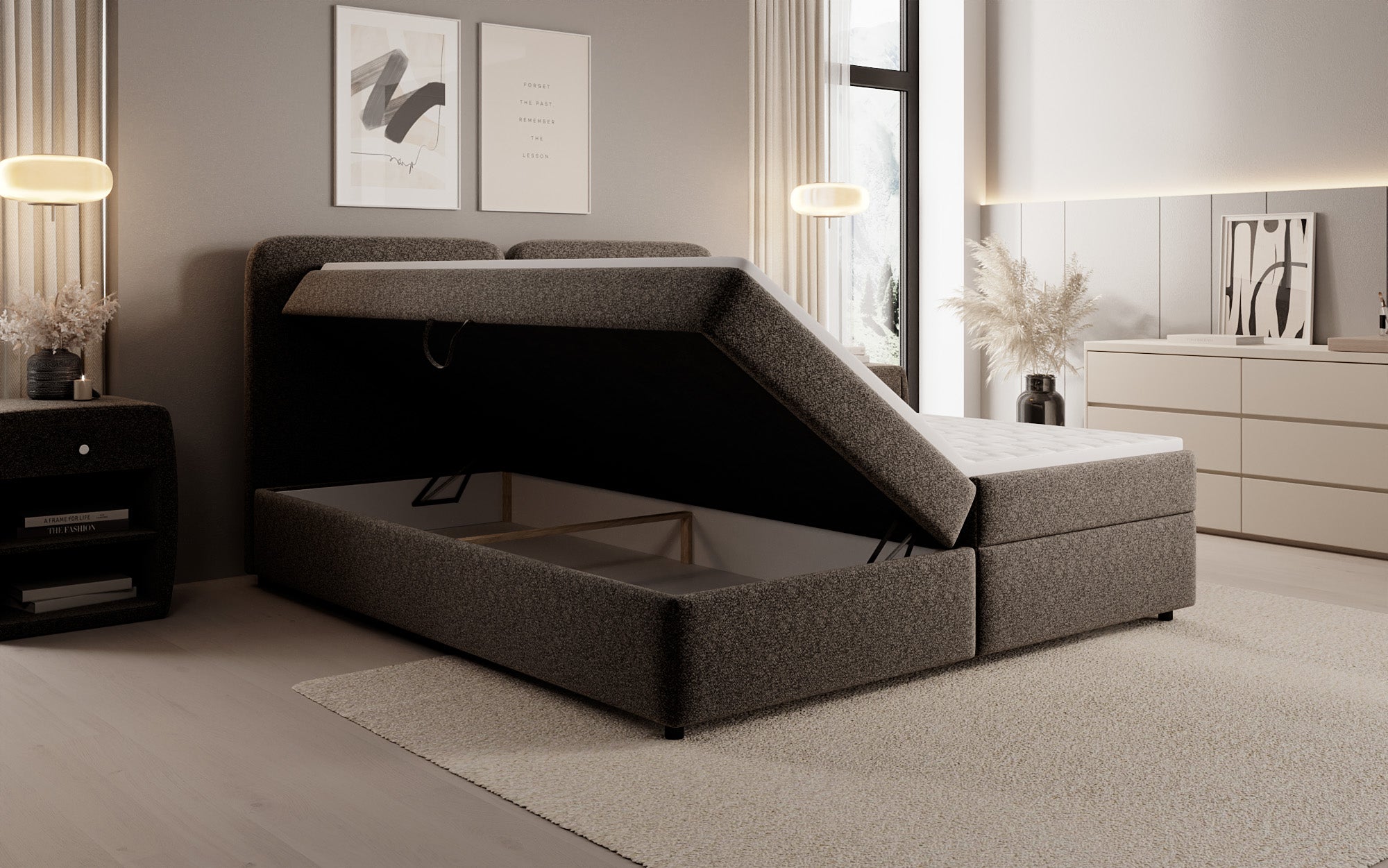 Lit boxspring Mira en tissu structuré avec espace de rangement