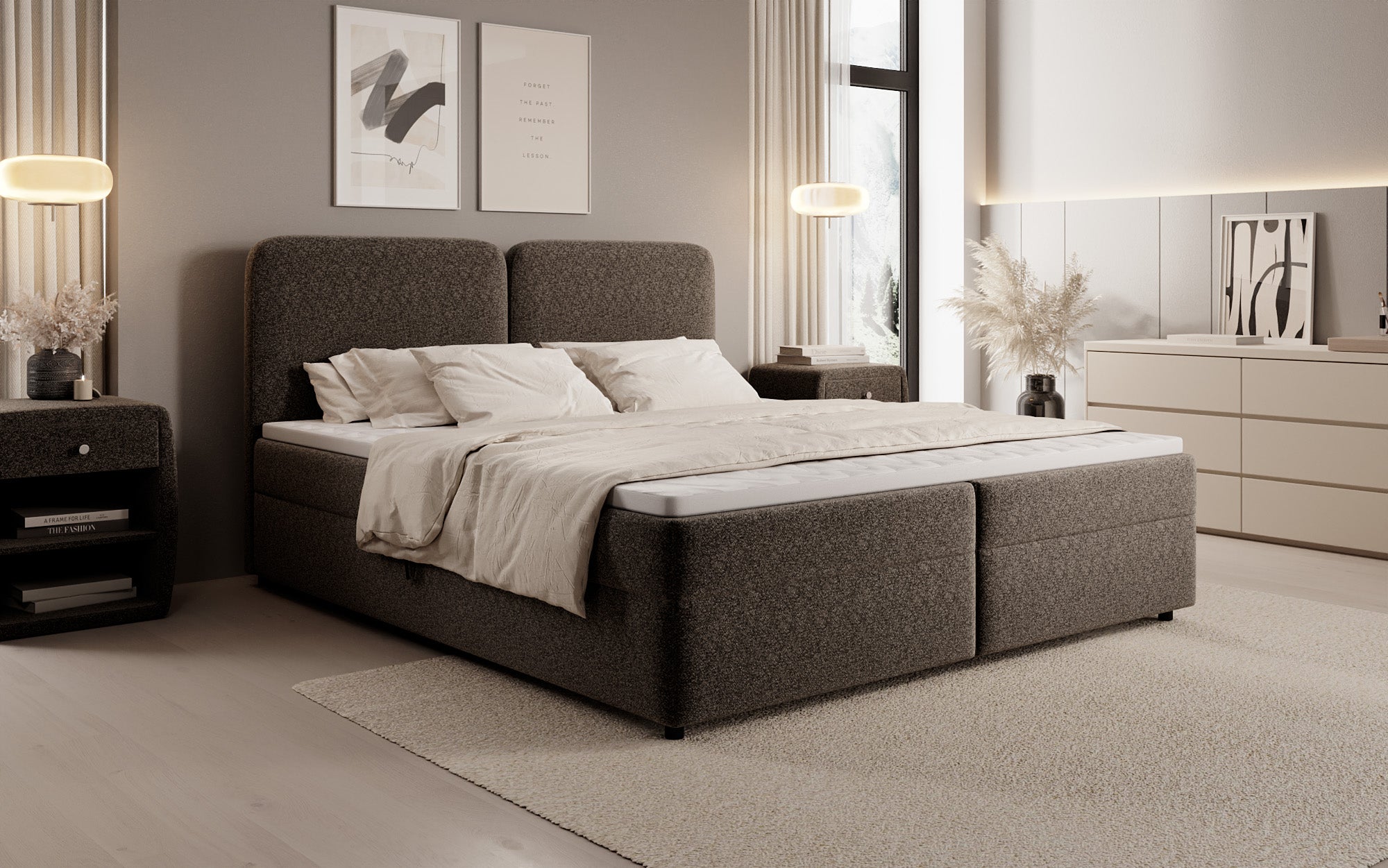 Lit boxspring Mira en tissu structuré avec espace de rangement