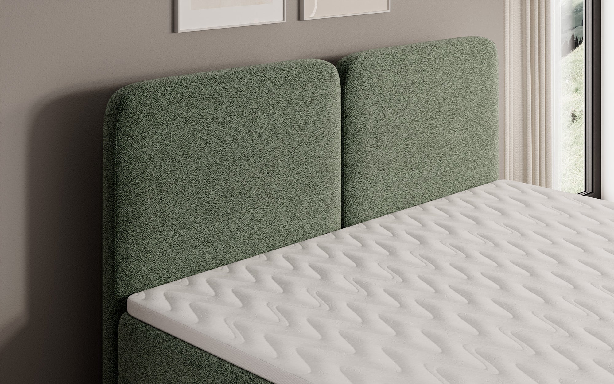 Lit boxspring Mira en tissu structuré avec espace de rangement