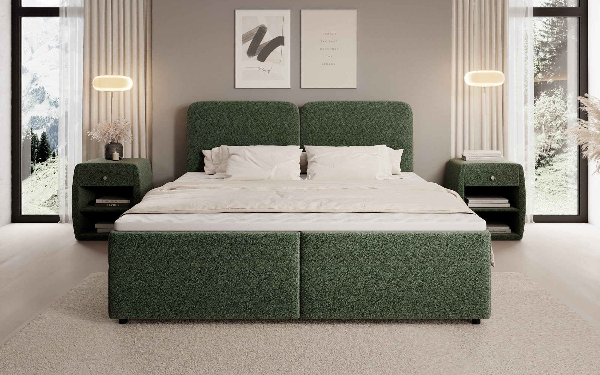 Lit boxspring Mira en tissu structuré avec espace de rangement