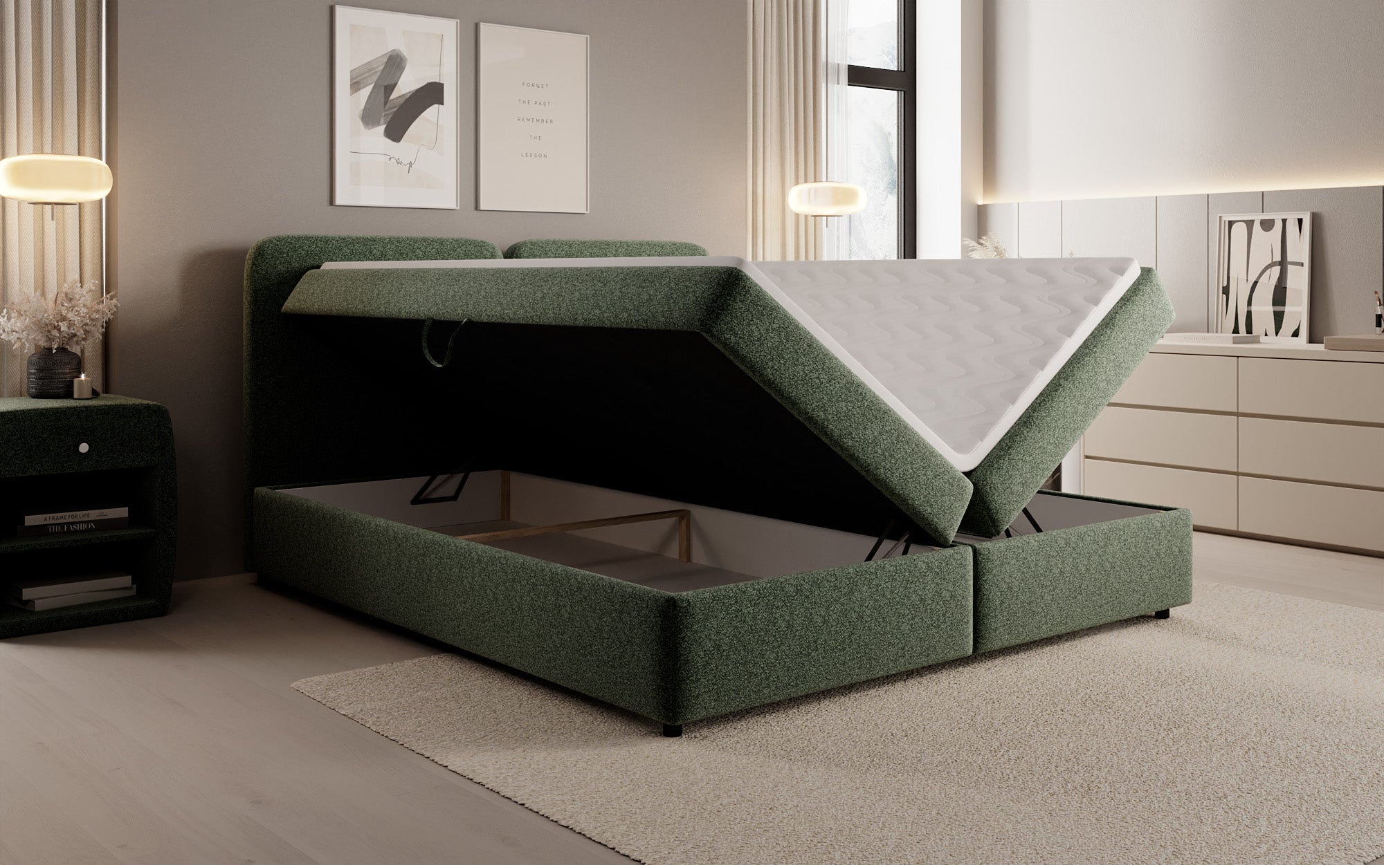 Lit boxspring Mira en tissu structuré avec espace de rangement