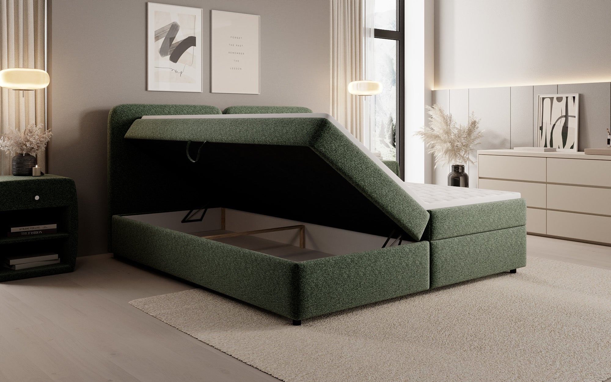 Lit boxspring Mira en tissu structuré avec espace de rangement