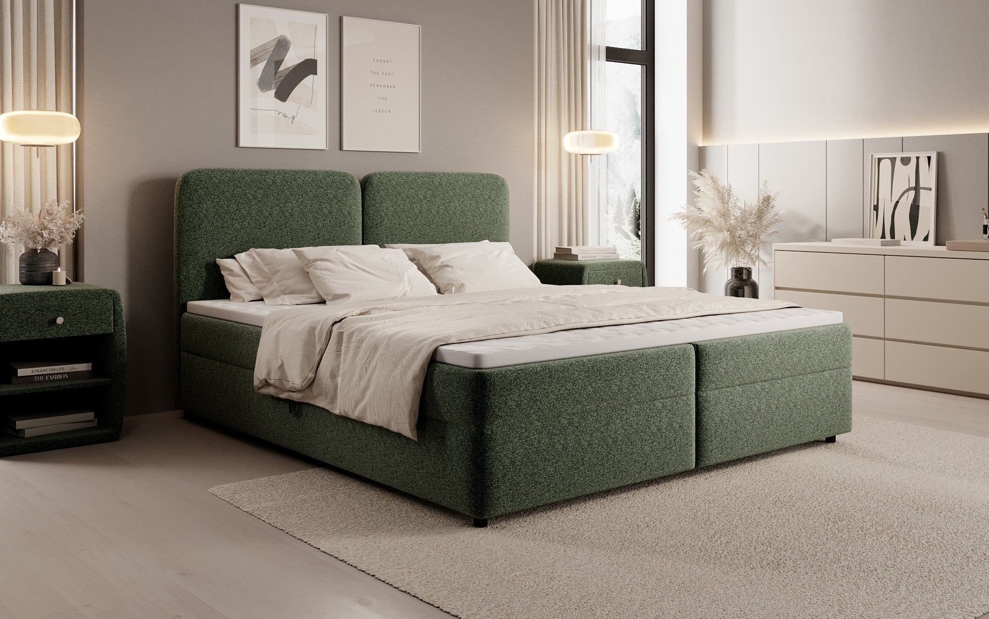 Lit boxspring Mira en tissu structuré avec espace de rangement