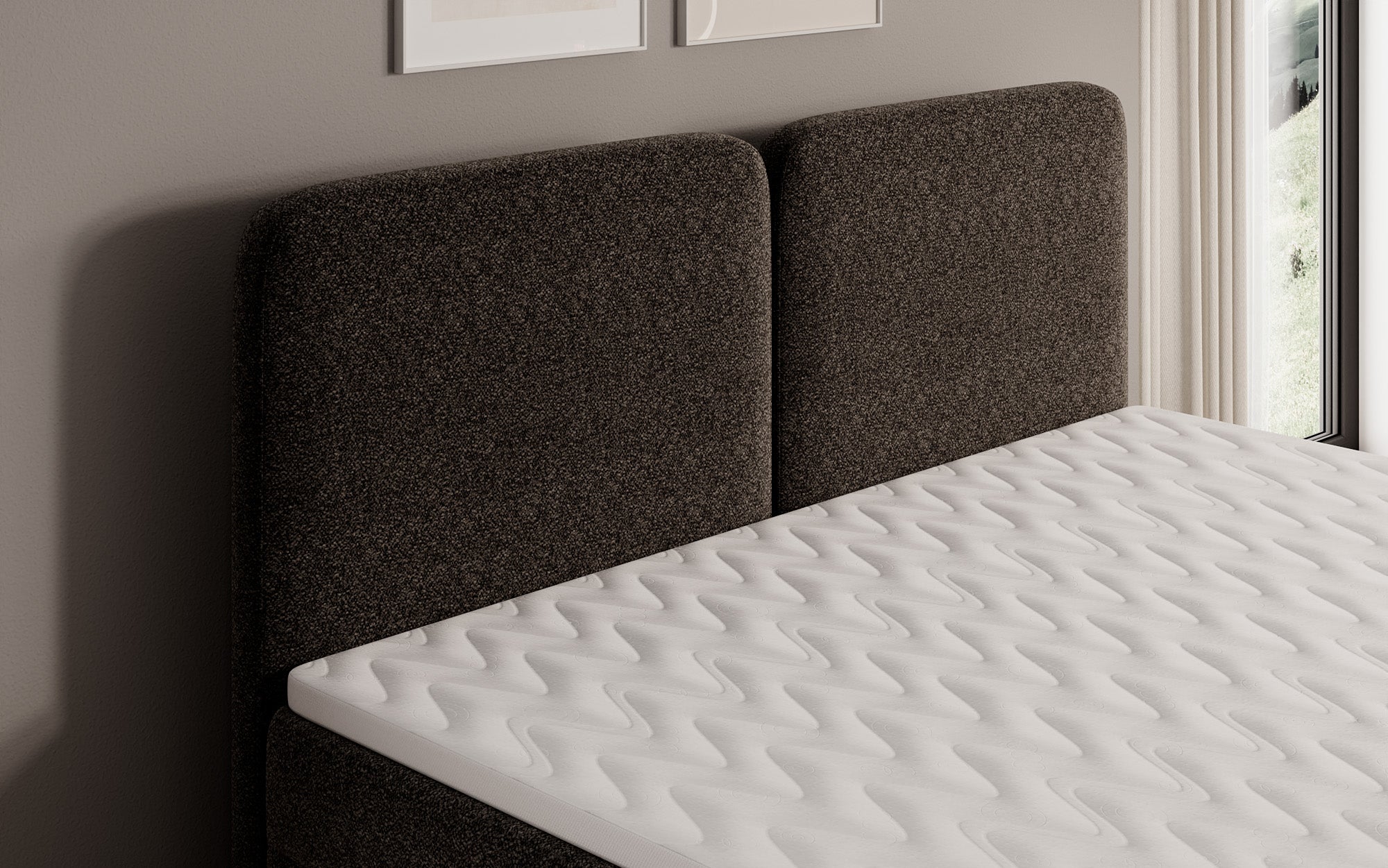 Lit boxspring Mira en tissu structuré avec espace de rangement