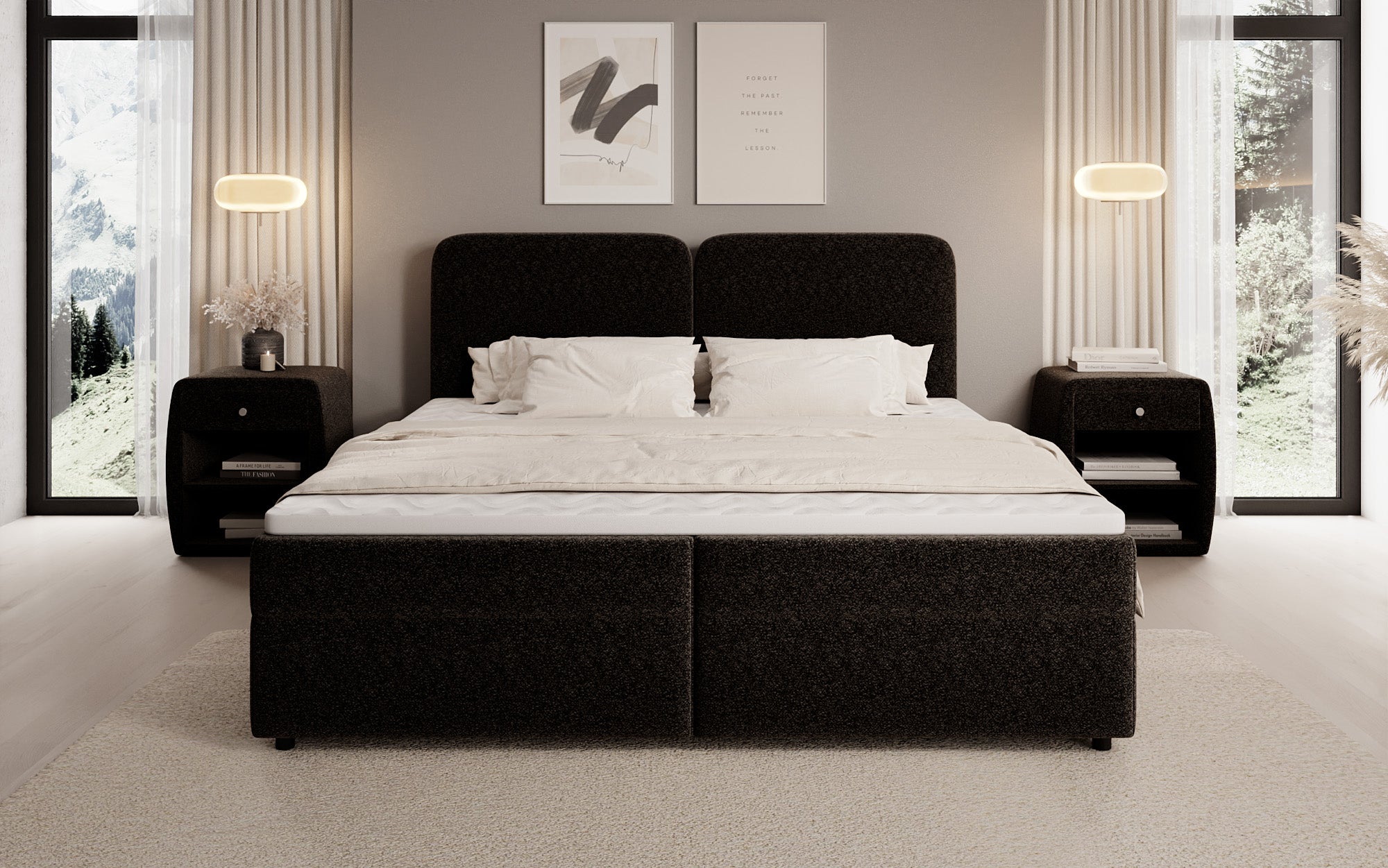 Lit boxspring Mira en tissu structuré avec espace de rangement