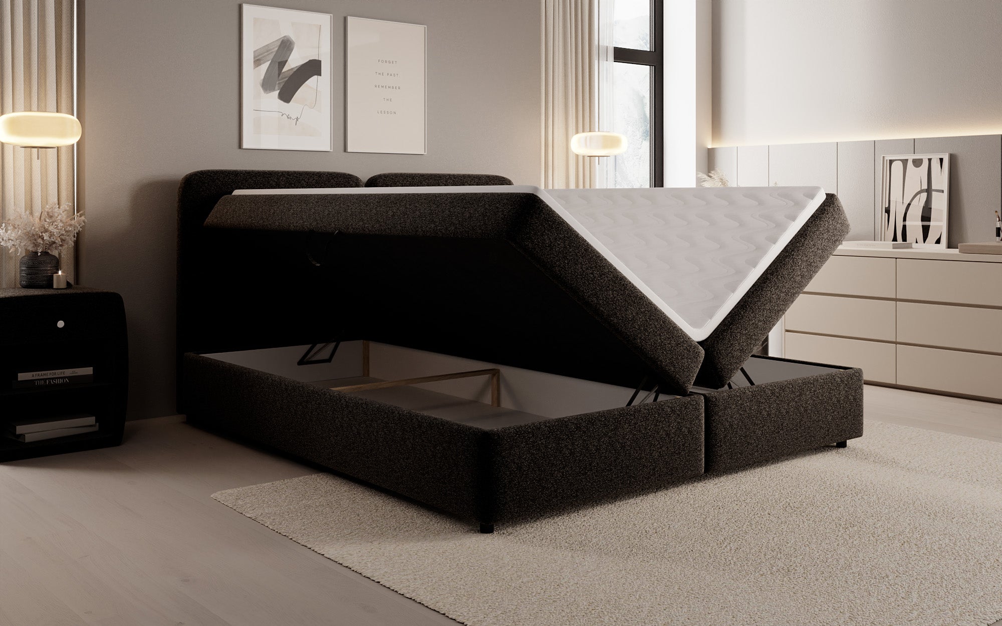 Lit boxspring Mira en tissu structuré avec espace de rangement